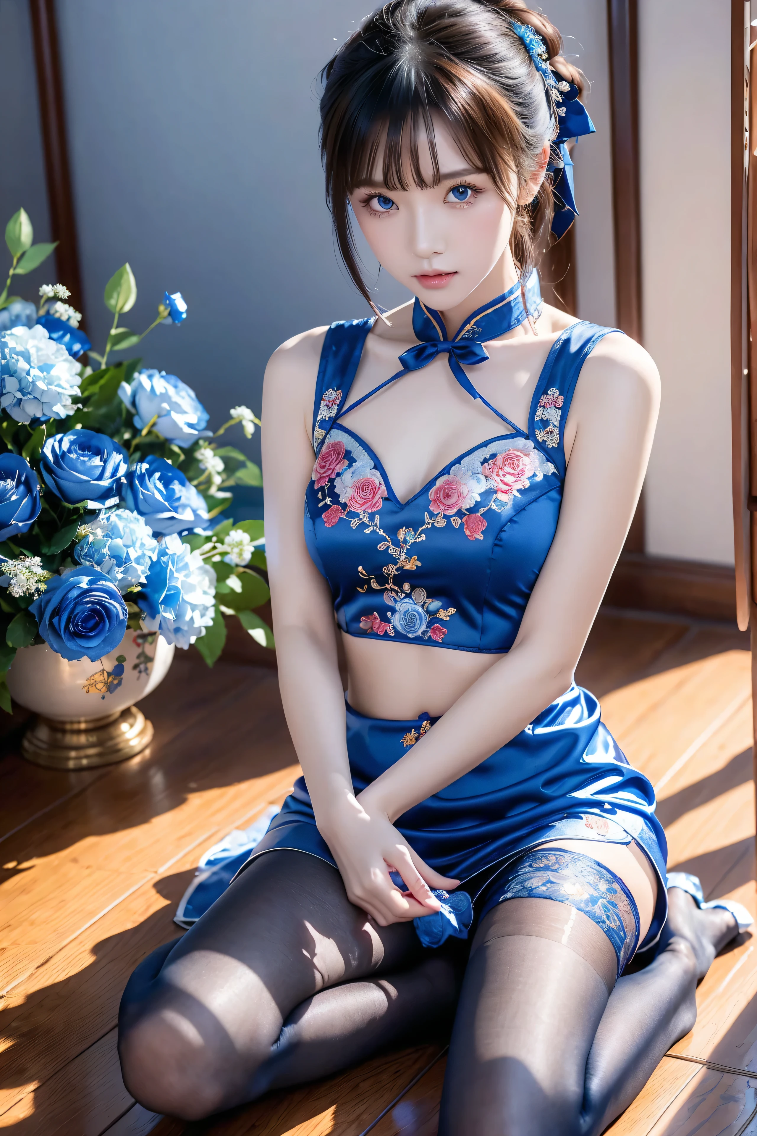 disorganized, RAW photo, very delicate and beautiful, masterpiece, highest quality, ultra high resolution, 32K, surreal, super detailed, perfect anatomy, perfect figure, super dense skin, Highly detailed CG 8k wallpaper, 20's, very slim body, tight waist, very small head, very small face, delicate facial features, tearful mole, earrings, thin legs, (very huge round breasts:1.2), (full body shot:1.1), 1 girl, short hair, (wavy hair:1.2), (China dress:1.2), No sleeve, abdomen,
