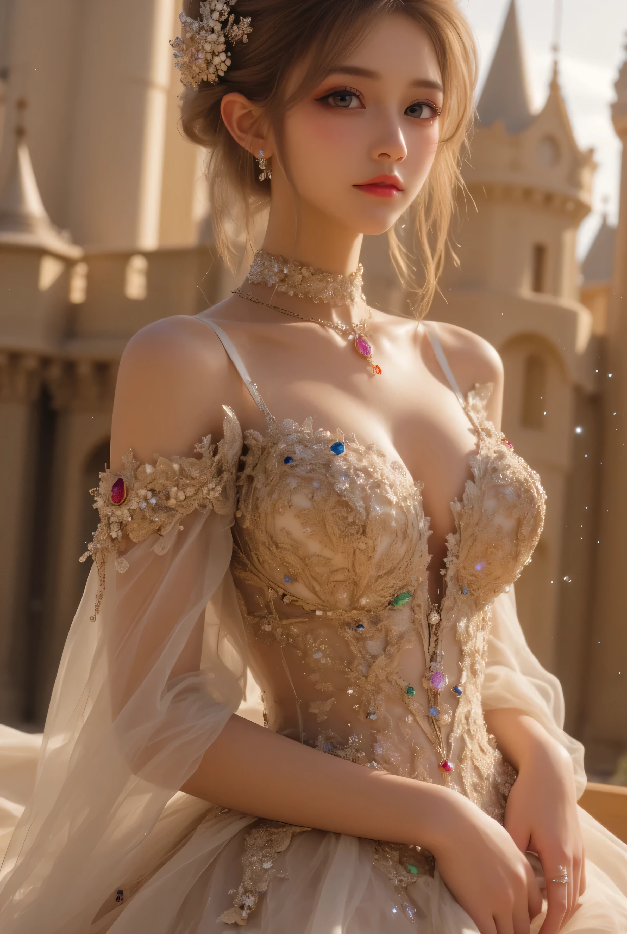 a masterpiece with the best quality and ultra details featuring a stunning lady wearing an elegant silver white dress. She has beautiful eyes and a pretty face. The photo should be set in a forest background with sunlight, captured in high-resolution 8k