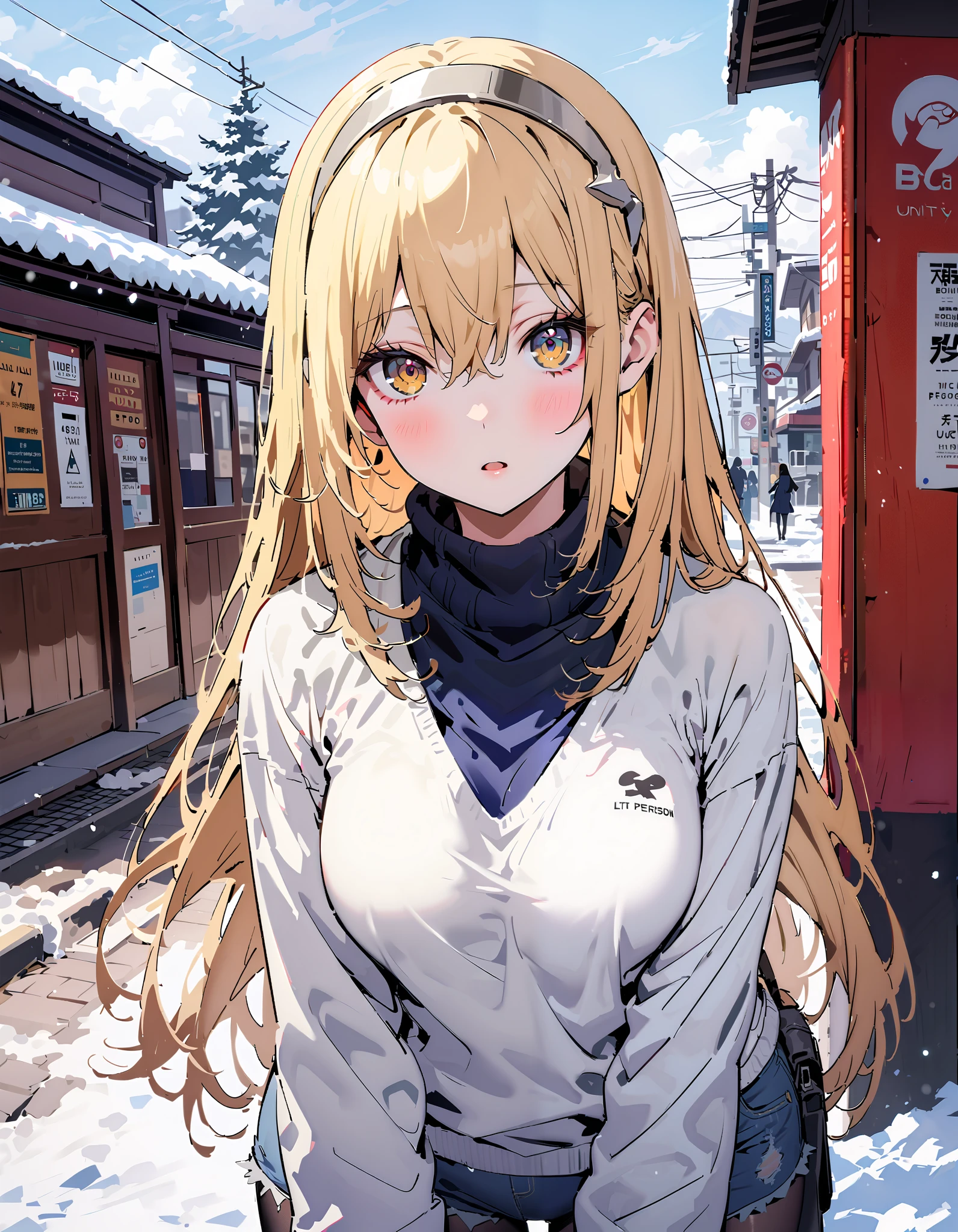  Eyes Wallenstein,  Eyes Wallenstein, Alone,  blond hair left and right,  , white hair band , long hair,  yellow eyes,White Down Coat ,blue scarf , open your mouth, White Breath,( sweater  :1.2),(  turtleneck:1.2), denim micro shorts ,black pantyhose, suitcases, is standing, Bbo~,snow,whole bodyがイラストに入るように,
break outdoors, bus stop,
break looking at viewer,whole body,
break ( Masterpiece:1.2), top quality , kampala, Unity 8k Wallpaper,(shape:0.8),(  fine, beautiful eyes  :1.6),It's a person ,whole body写真,CG Details , ( perfect hands, Complete Anatomy),