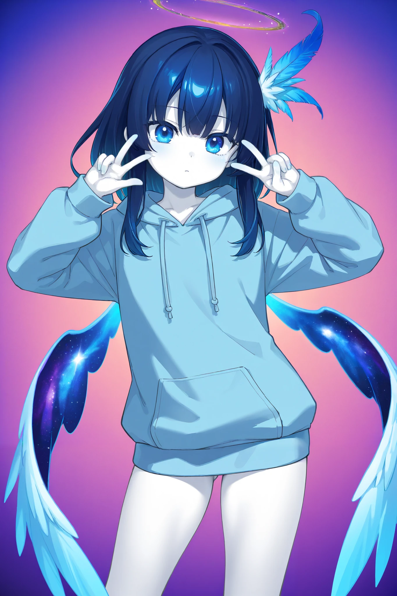 The chest is fat,Long fleshy blue hair,Loose and simple sweatshirt,It looks small and cute
