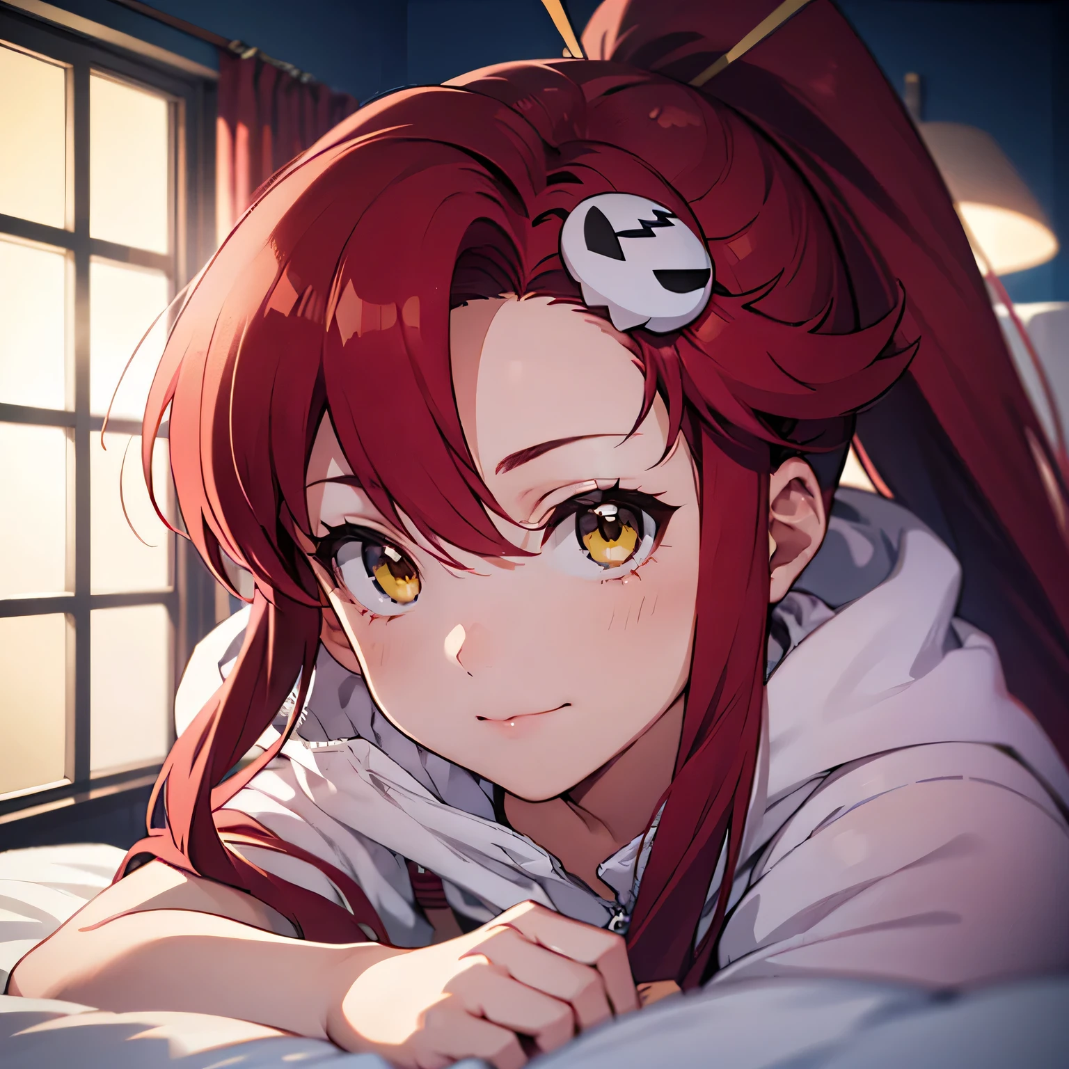 ((yl1,yokoli, 1 girl)), ((Alone)), Yoko Rittner, (8k, wallpaper), (masterpiece), (super high quality), (Super detailed), (High saturation), (bright yellow eyes, eye light), (Cinema Lighting) (sharp concentration), (anime style), small smile, Grown-up face, (laying on a bed), (dark bedroom), BiShiny Skin :1.4, ((Long Hair, ponytail, Red Hair, Long Hair,)) Long Hair, Bedroom Scenery, perfect anatomy, (Close up picture), (face picture), reaching past camera