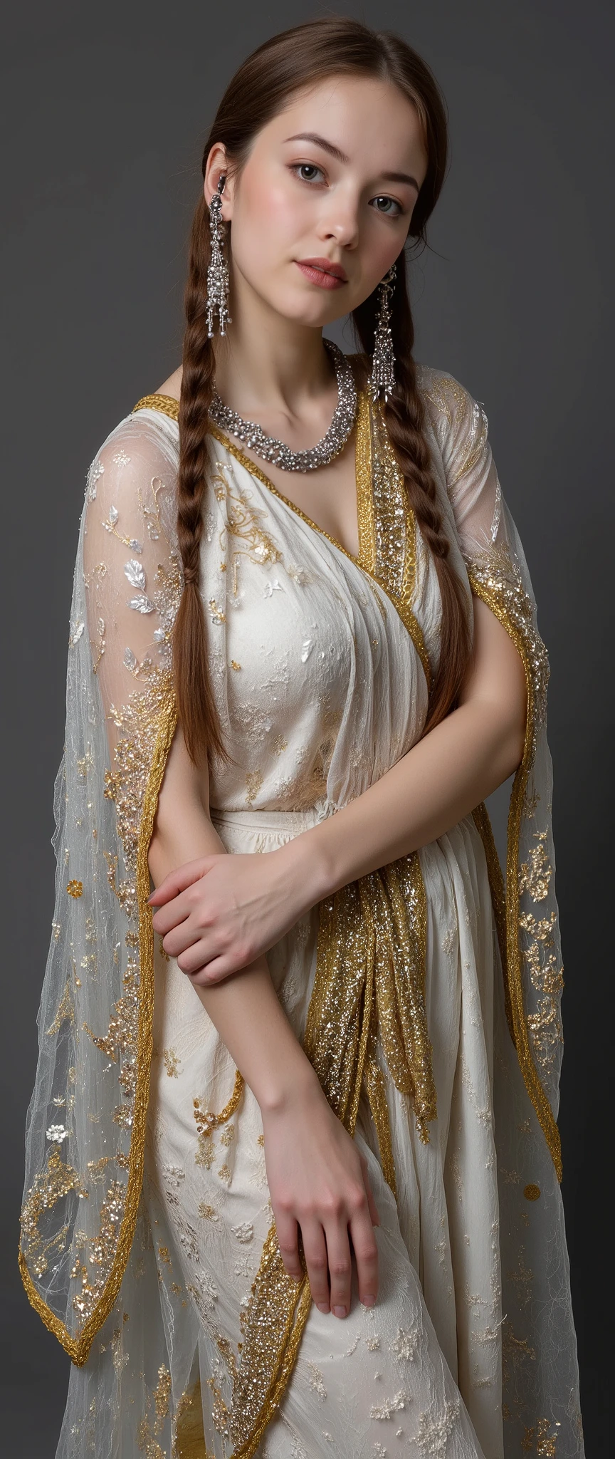 とても美しい二人の処女神のwhole body画像, Brown-haired Artemis in Greek costume , nude , Brown-haired Artemis in a Greek costume {x} Freyja with blond braids in a Scandinavian suit , whole body, looking at camera