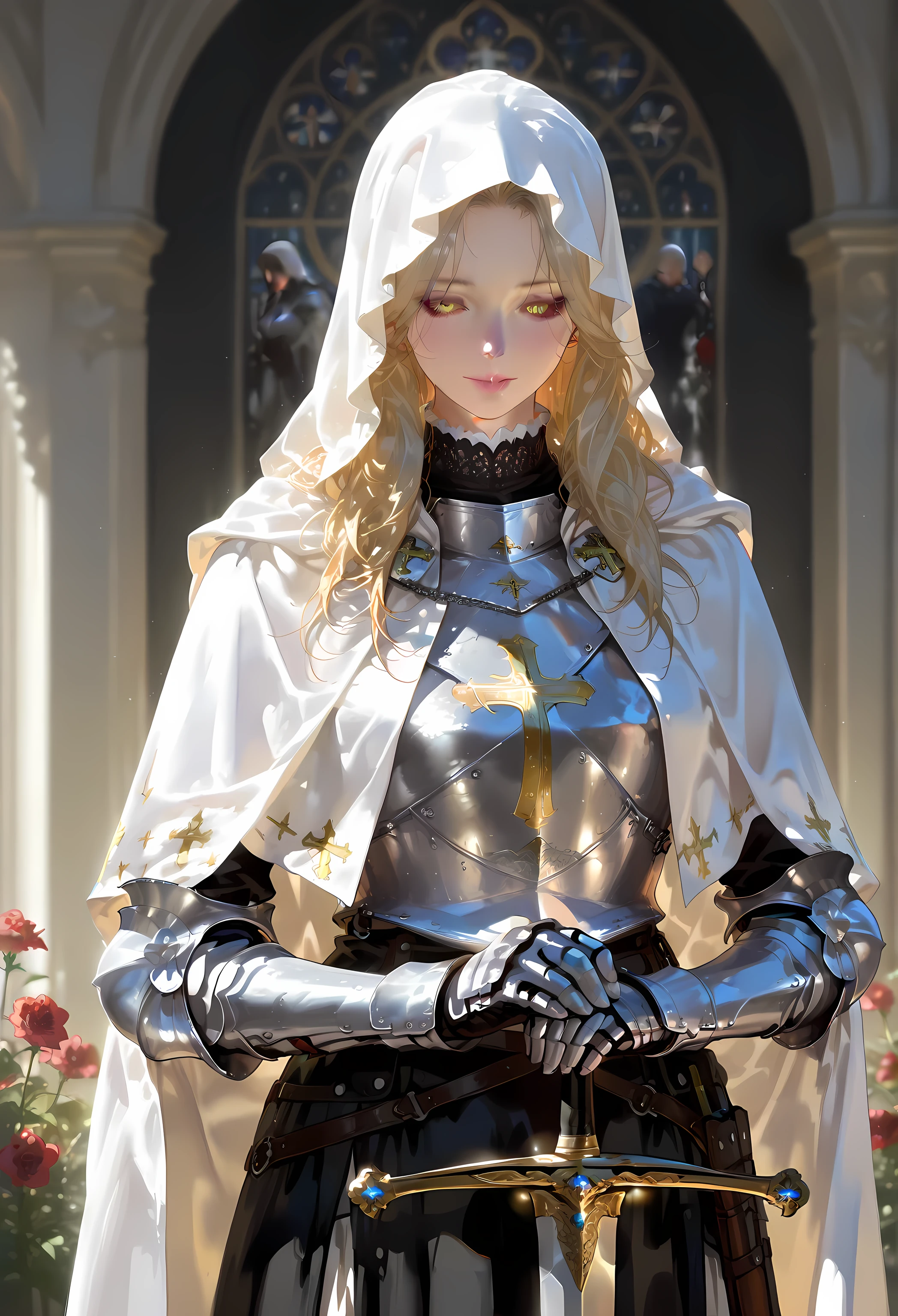masterpiece, top quality, Amazing image quality , Very aesthetic, absurd, recent, sight, 1 woman, 《2023 , Cosplay , illustration , masterpiece, top quality, Amazing image quality , light and simple , Most detailed information , Perfect Anatomy, {{ realistic, photo realistic}}, See photo , oil painting ( head ), high resolution, High definition, incredibly absurd, Very aesthetic, {{{ ended amazingly }}}, Detailed eyes, detailed face , masterpiece, top quality, Amazing image quality , breastplate, Very aesthetic, absurd, recent, sight, Mature Face, no expression, cleric, white cloak, dark ambience, goth, adult woman, realistic armor , sword, dark knight, female knight, berserk, Blonde, Golden eye, Long Hair, red flowers, wide field, soleem, neutral expression