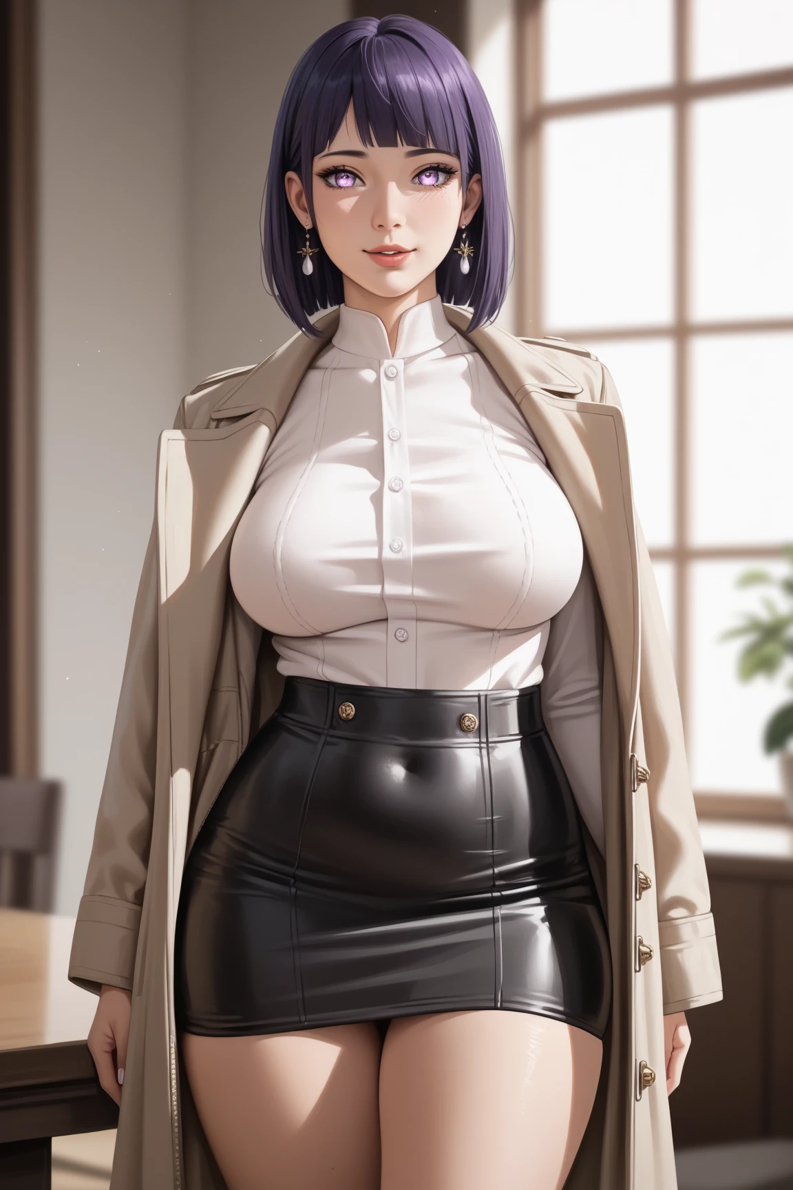 purple short hair Glasses white blouse black tight skirt stockings (lanyard id card) 50 years old red rouge plump lips round face Plump Eyes meet Office on the top floor of a skyscraper Female President