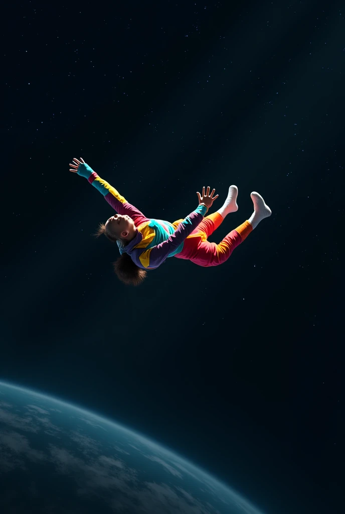 Man flying through planets of solar system