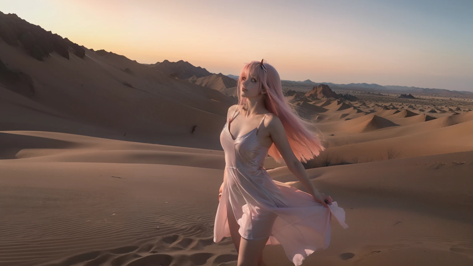 "Generate a 4K ultra-realistic anime-style wallpaper of zero two darling in the franx green eyes pink hair spikes on her head , standing alone in a vast desert landscape during a vibrant red sunset. She should be sexy , and looking in sky and her eyes colour is orange looking beautiful with a gentle breeze blowing through her hair. Incorporate realistic textures, lighting effects, and atmospheric conditions to give the image a lifelike and immersive look, zero two wearing her anime dress big boobs as if zero two has stepped out of the anime and into the real world."