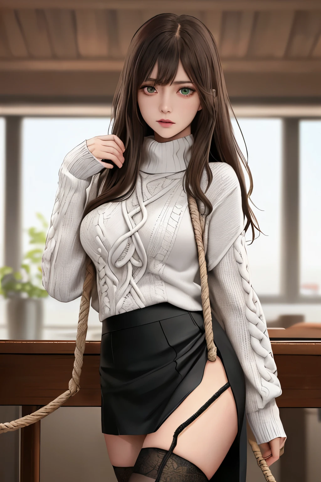 (random porn pose),(Highest image quality,(8k),ultra-realistic,best quality, high quality, high definition, high quality texture,high detail,beautiful detailed,fine detailed,extremely detailed cg,detailed texture,a realistic representation of the face,masterpiece,Sense of presence),sweater,tight mini skirt,stockings,Engineer boot