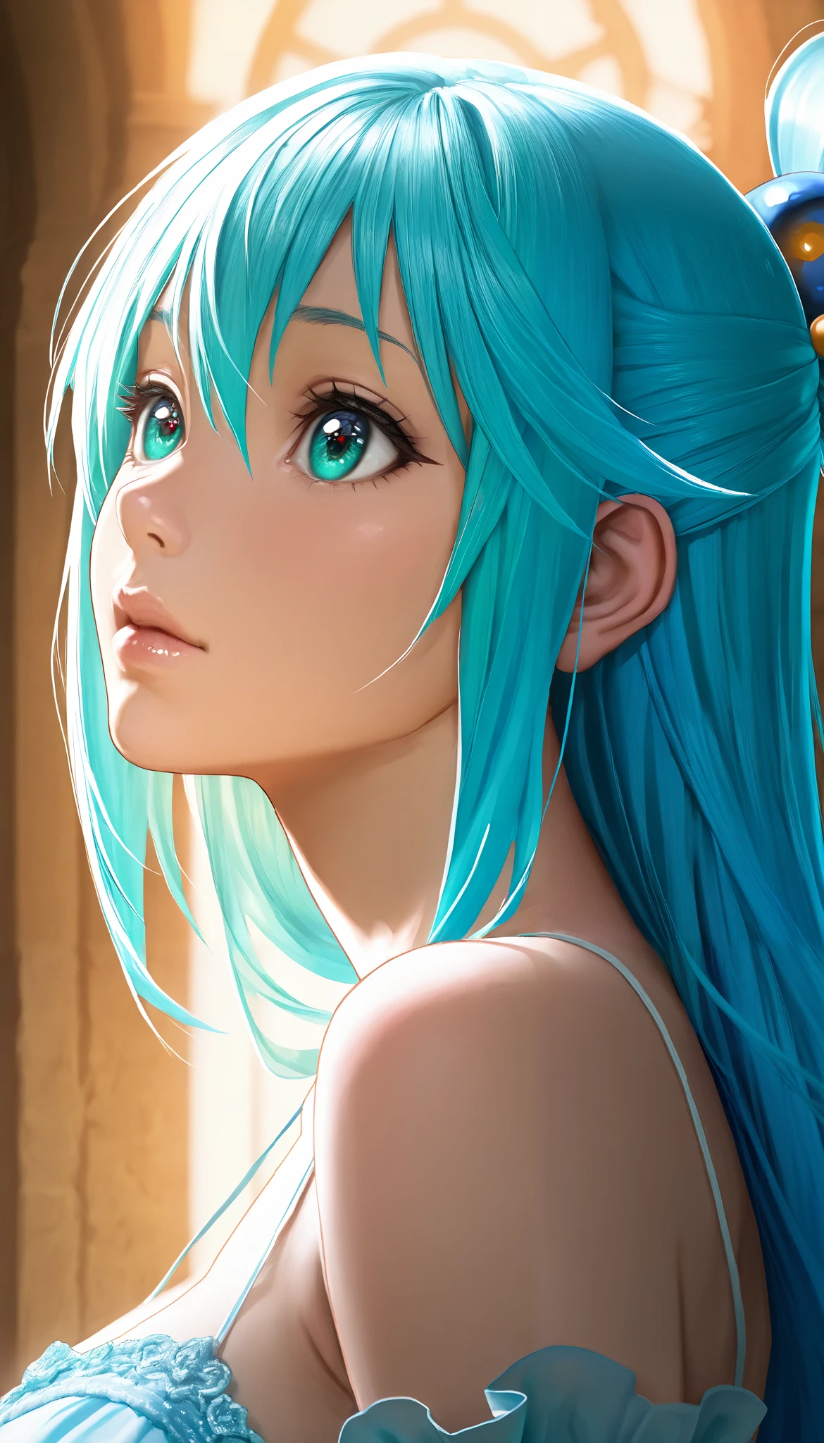 beautiful detailed eyes, beautiful detailed lips, extremely detailed eyes and face, long eyelashes, 1girl, aqua hair, aqua eyes, exquisite detailed dress, micro tanga, konosuba, fantasy, anime, 8k, ultra-detailed, photorealistic, masterpiece, vibrant colors, dramatic lighting, cinematic composition, trending on artstation