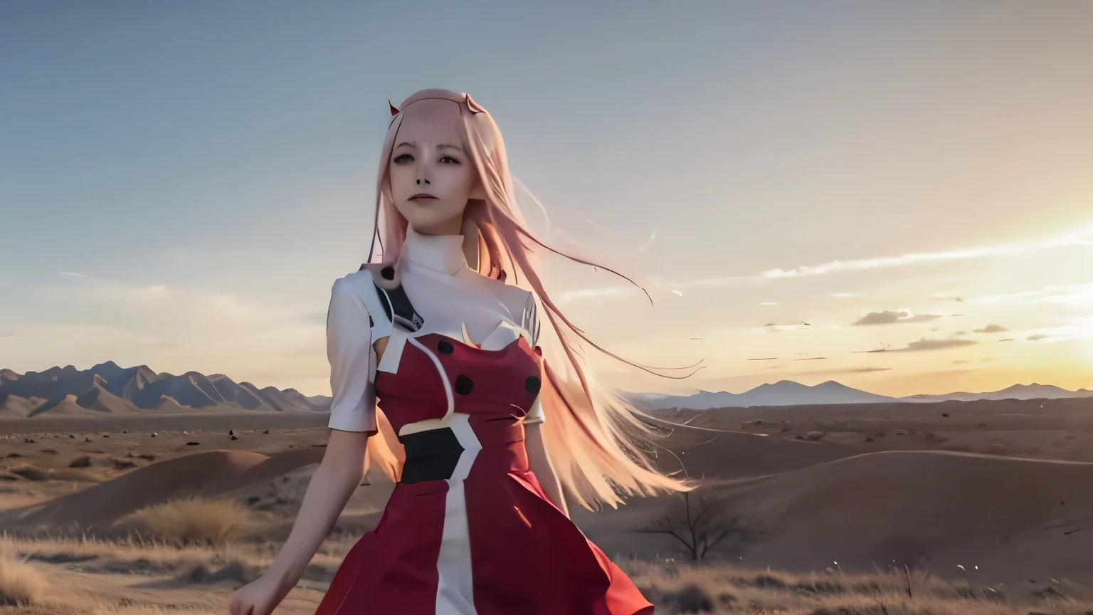 "Generate a 4K ultra-realistic anime-style wallpaper of zero two darling in the franx green eyes pink hair spikes on her head , standing alone in a vast desert landscape during a vibrant red sunset. She should be sexy , and looking in sky and her eyes colour is orange looking beautiful with a gentle breeze blowing through her hair. Incorporate realistic textures, lighting effects, and atmospheric conditions to give the image a lifelike and immersive look, zero two wearing her anime dress big boobs as if zero two has stepped out of the anime and into the real world."