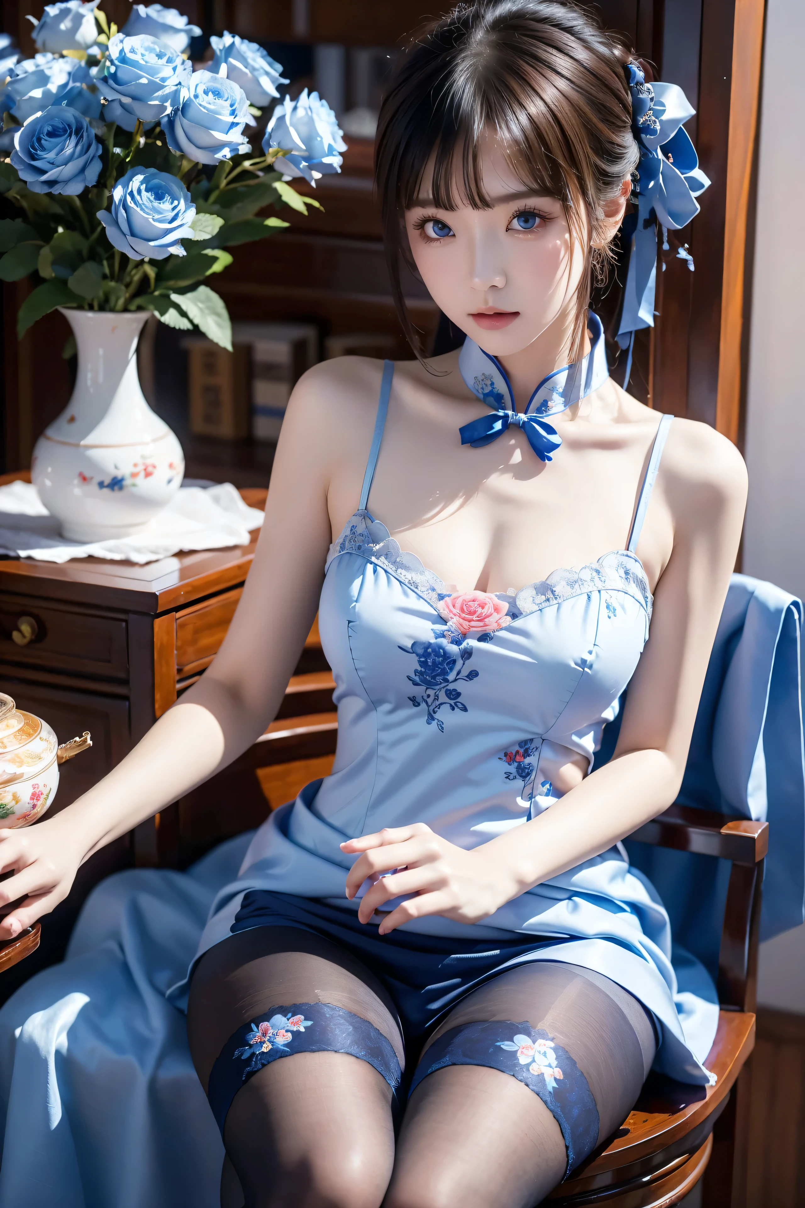 Cheongsam, 1 girl, blue bow, blue eyes, blue flowers, blue ribbon, blue rose, chest, Chinese clothing, Chinese clothing, dress, flower, gradient, gradient background, embroidered ball flower, looking at the audience, small chest, pantyhose, rose, single, thigh pantyhose, Chinese paper fan with painting on it,