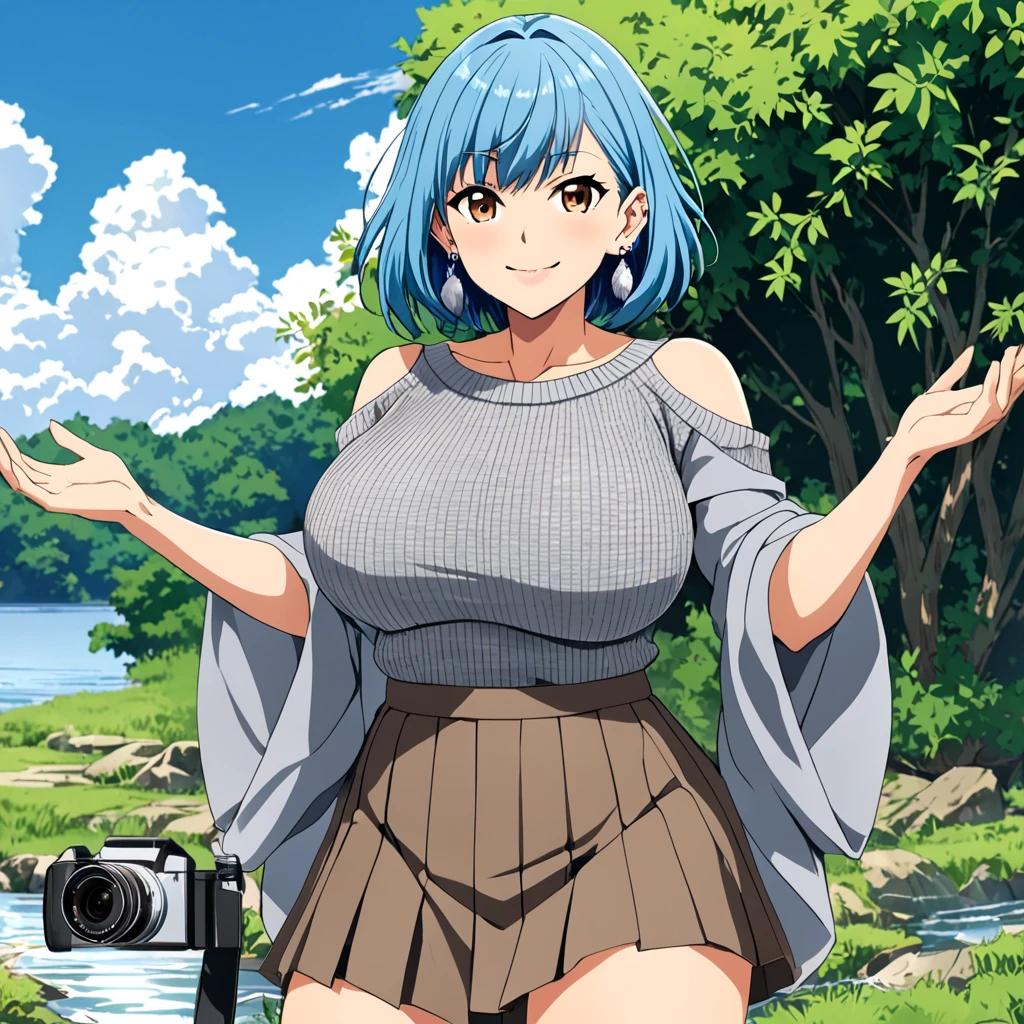 nsfw,(( cowboy shot 1 .5)), ((cowboy shot:1.47)),(( Full Body Zoom )), closed her mouth,  Her Hairstyle Is Medium Bob,((  Trimming Bangs   )),Blue Hair Color, (( Wolf Cut Earrings:1,47)),((  Medium Hair That Grows to the Shoulders :1.2)),(( big breasts)), curvy, Inverted triangle face  , Balanced Hands and Feet ,  glamour body ,  long limbs,1 Mature, ((Outdoors:1.2)),  action pose,Aoi Yume   Masakazu Katsura drowning,((1 Mature:1.2 )), Anime,Masakazu Katsura, Aoi Yume  、( Unemphasized ),  camera,(1 Mature), Aoi Yume  ,smile,  mouth , 1 Mature,  alone, Aoi Yume  ,  Casual Brown Sweater , Fine-mesh Decorations on the Sweater ,  Gray Long Pleated Skirt 