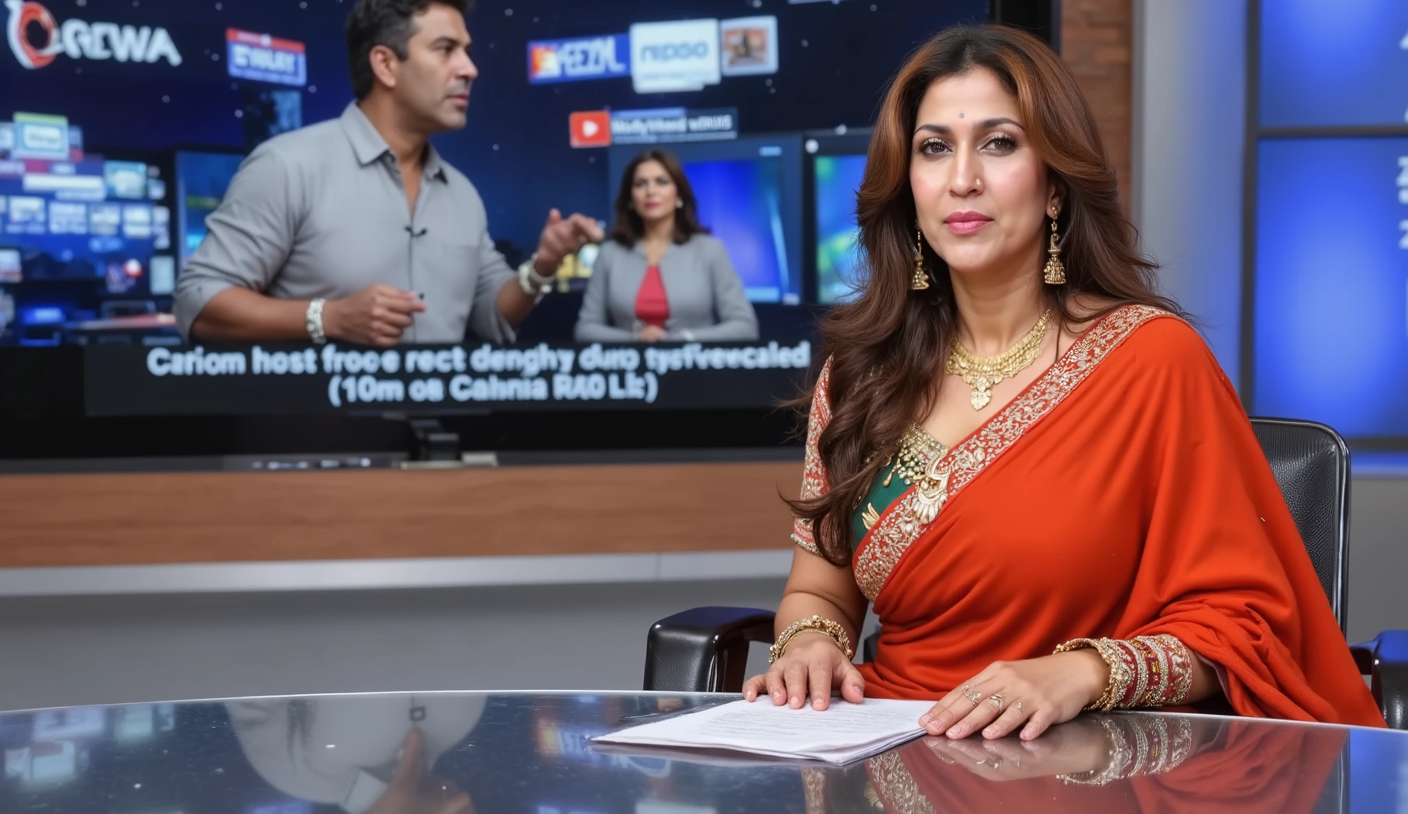 colorful saree and bikini costume , exhausting 👠 , closeup face



(hairy armpit :224421.2214413),







A professional Indian news anchor woman on a modern news set. She is wearing traditional Indian attire, colourful saree, with a microphone in hand. The news studio is well-lit and contains a large news desk and multiple screens displaying various news graphics. Her confident demeanor shows that she is experienced in her role.