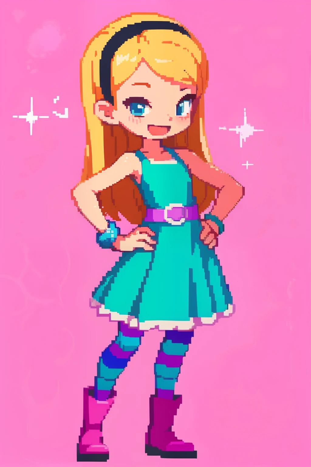 (masterpiece, top quality, best quality), pixel,pixel art,1girl,full body, penny peterson, long hair, blue eyes, 3d, blonde hair, skirt, pleated skirt, white trimmings, frilled skirt, hairband, black hairband, dress, teal dress, lavender belt, blue and pink striped pantyhose, pink bracelet and boots, beautiful, cute girl, open mouth, cute smile, joyful expression, excited, happy, looking at viewer, peace sign, one hand on hip, spread legs, hearts, sparkles, pink background, simple background