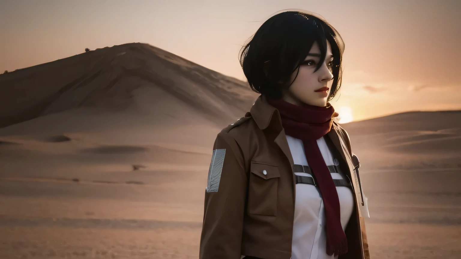 

"Generate a 4K ultra-realistic anime-style wallpaper of Mikasa from attack on Titan, standing alone in a vast desert landscape during a vibrant sunset. She should be sexy , and looking in sky and her eyes colour is orange looking beautiful with a gentle breeze blowing through her hair. Incorporate realistic textures, lighting effects, and atmospheric conditions to give the image a lifelike and immersive look, makima wearing white shirt with tie and black pant big boobs as if Makima has stepped out of the anime and into the real world."