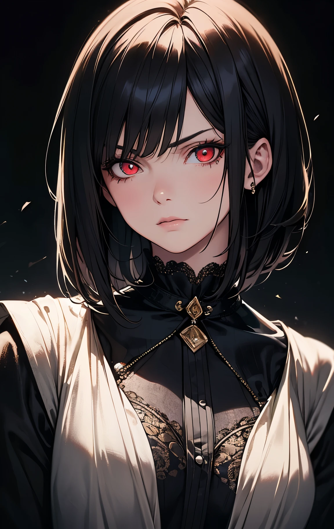 (8K, Best Quality, Masterpiece, Ultra High Resolution) Single Person, 1 Girl, Teenager, Young, Cute Eyes, Face Details, Pale Skin, Slender, Short, Flat Chest, Dark Black Hair, Long Hair, Braided Hair, Red Eyes, Formal Goth Dress, Inside Dark Castle, Best Quality, Upper Body, Looking at the Viewer, Facing Viewer, Close Up