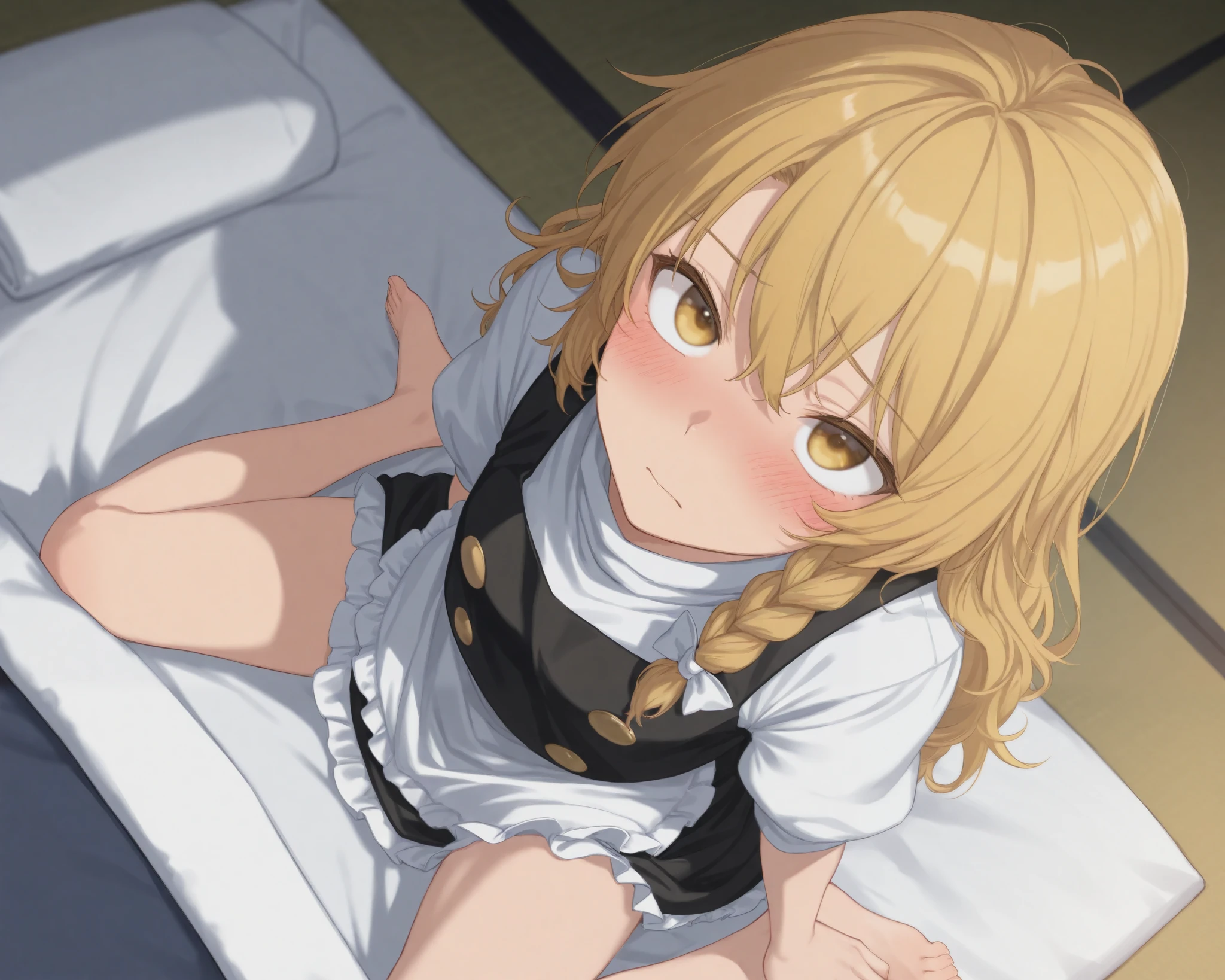 high quality, masterpiece, high resolution, nsfw, 1 girl, kirisame marisa, clothed, sit on futon, blush, look up