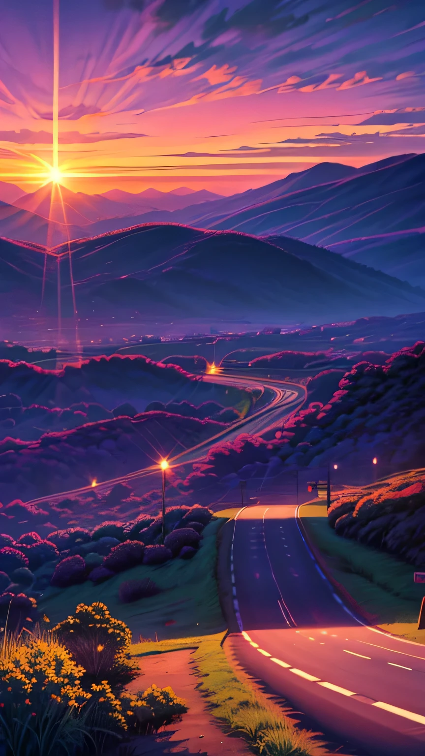 Picture a classic VW Kombi cruising down a perfectly straight highway towards a stunning horizon. The van’s retro design and polished exterior gleam in the soft glow of the setting sun. The road is lined with rolling hills and colorful wildflowers, creating a charming and inviting path.
Above, the sky is painted with deep oranges, pinks, and purples as the sun sets. Wispy clouds catch the fading light, adding a touch of magic to the scene. The Kombi’s engine hums steadily, its iconic shape moving smoothly through the tranquil landscape.
As the Kombi heads towards the radiant horizon, bathed in golden light, the scene captures the spirit of adventure and the timeless appeal of the open road."