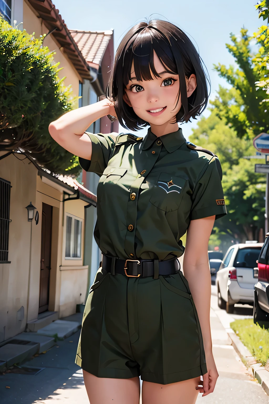 Cute girl,Combat Uniform, short bob hair ,  black hair,  beautiful eyes,White teeth,smile,Small face,summer, Plateau walk,transparent, ( masterpiece,  top quality)