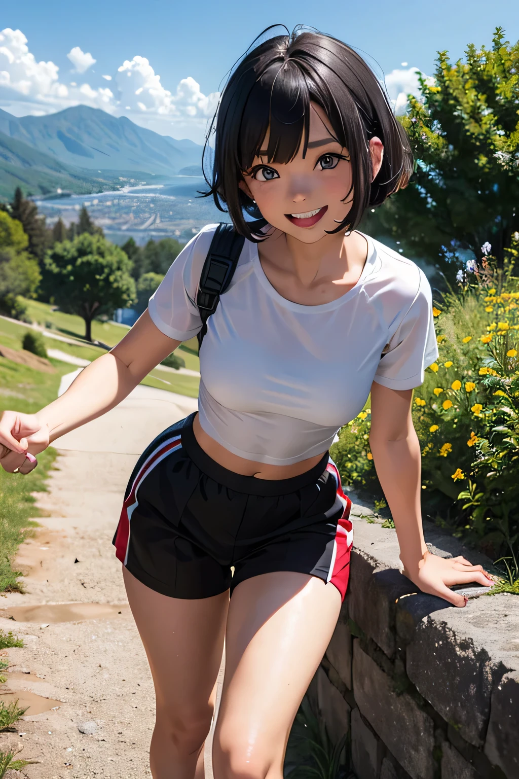 Cute girl,Combat Uniform, short bob hair , black hair, beautiful eyes,White teeth,smile,Small face,Summer clothes, Mountain climbing in summer,transparent, ( masterpiece, top quality)