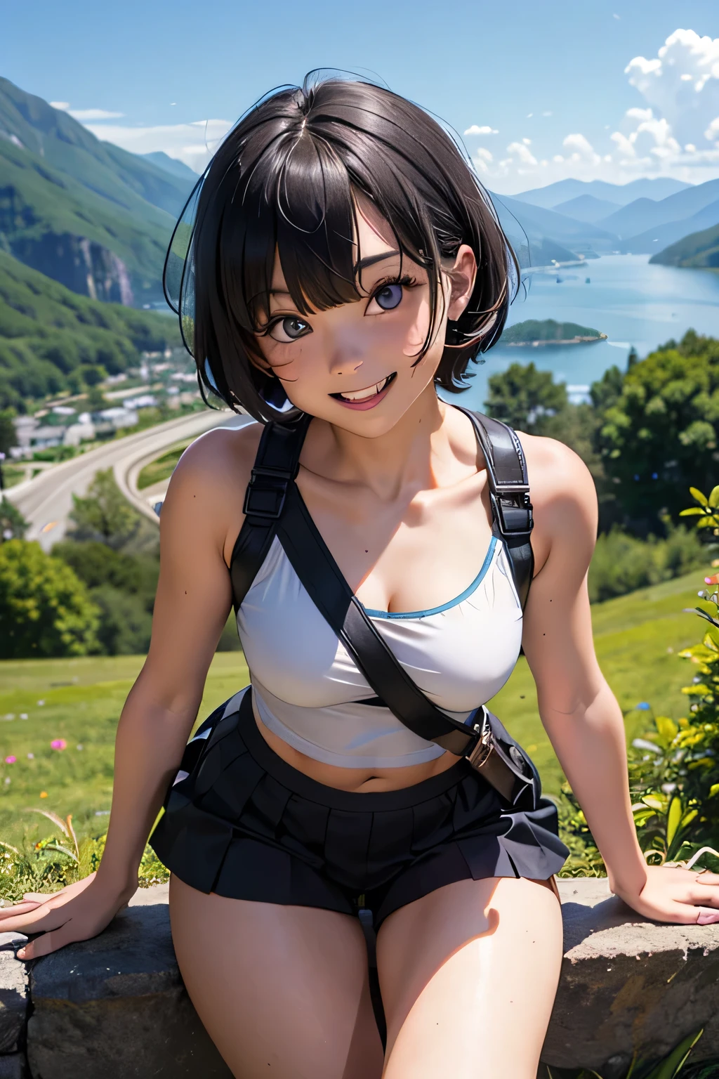 Cute girl,Combat Uniform, short bob hair ,  black hair,  beautiful eyes,White teeth,smile,Small face,Summer clothes, Mountain climbing in summer,transparent, ( masterpiece,  top quality)