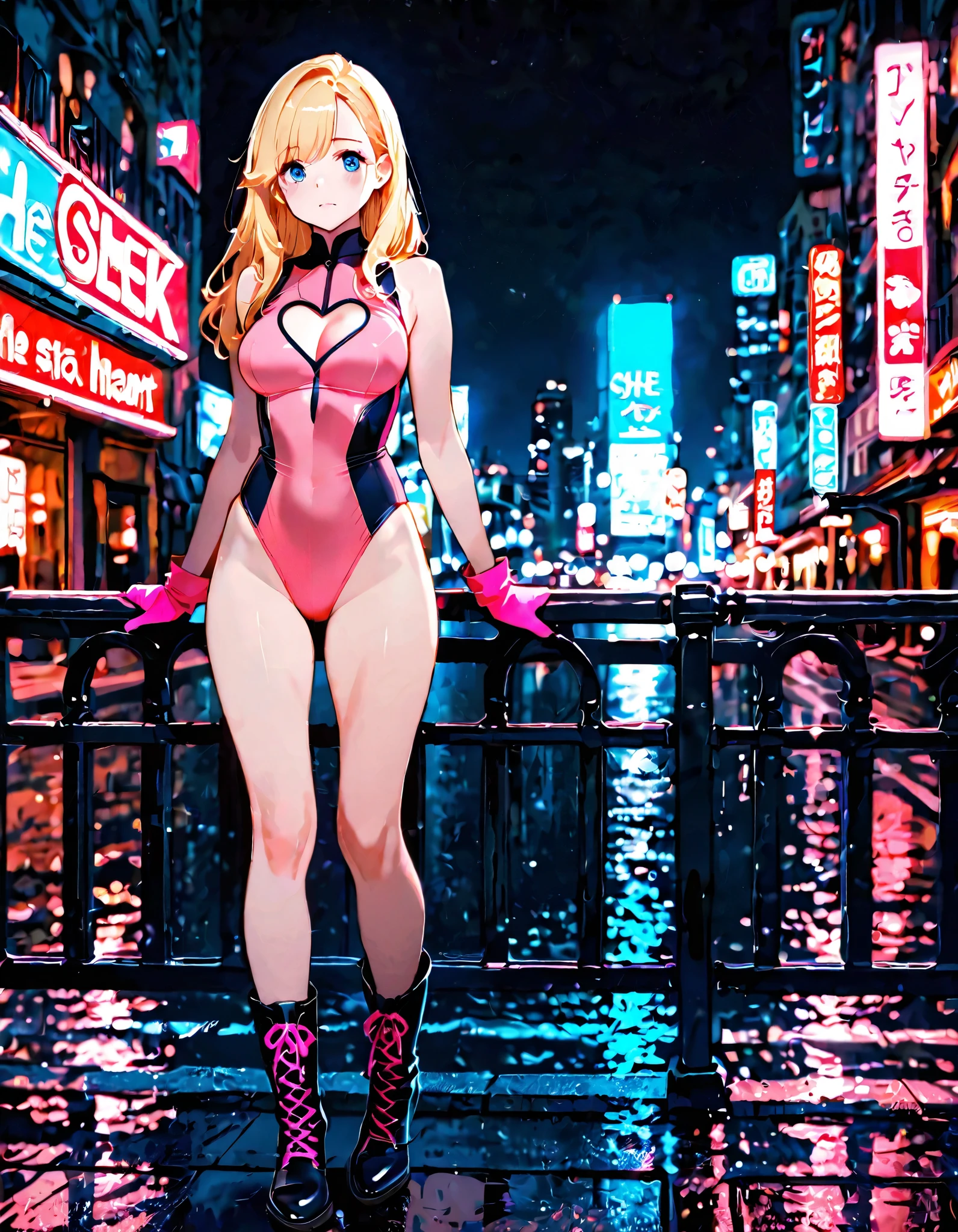 standing, elf, blonde hair, pointy ears, blue eyes, long hair, armpit hair, hairy armpits, blonde armpit hair, armpit hair peek, masterpiece, 4k, high quality, large breasts, city, alleyway, night, buildings, blurry background, blush, full-faced blush, seductive smile, latex, bodycon, bodycon dress, slut, breath, heavy breathing, steam, steaming body, steamy, hot, 1girl, spoken heart, hearts, choker, thigh highs, latex thigh highs, cowboy shot, backlighting, tatoogirl
