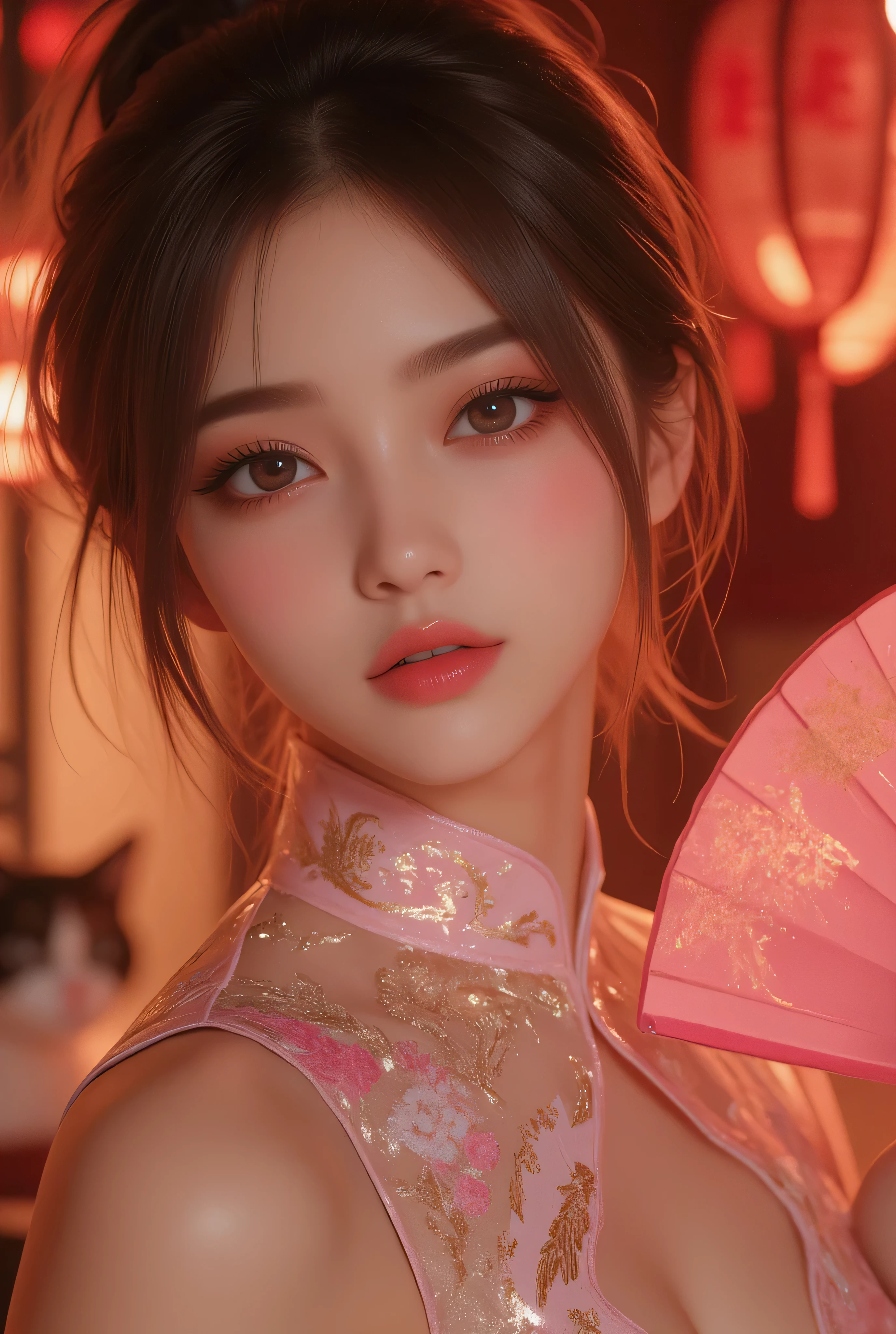 Cat ears、 face up, attractive, pretty girl, ponytail、 (( fine facial features , eroticism)), dramatic lighting , realistic , 8k, Dramatic Shadows , intricate and elaborate patterns , super detailed photo , chiaroscuro lighting , Pleasant colors , deep contrast , super real 、 pink lipstick、 warm room、Vintage Fireplace 、 cinematic composition、Close-up of face, pretty half part transparent open shoulder loose outfits dress, tang style, A beautiful Korean idol wearing a one piece red- black tightly cheongsam with phoenix and intricate floral golden embroidery, golden and silver outline on dress, hand hold pink feathers transparent Chinese fan with golden ink painting of bird and tree , standing gracefully in a room filled with traditional Chinese New Year decorations. The room features vibrant red lanterns, decorative calligraphy scrolls, a small Chinese orange tree with golden ornaments, and several red envelopes scattered across the floor and hanging from the tree. Adorable, playful cats are part of the scene—some sitting near the tree, others curiously pawing at the red envelopes or lounging around. Through a window or an open door in the background, vibrant Chinese fireworks light up the night sky in an array of reds, golds, and blues, casting a magical glow into the room. The idol’s outfit is paired with subtle accessories like red hairpins or earrings, complementing the festive look. The atmosphere is warm and lively, filled with the joyful essence of the celebration, enhanced by the shimmering lights of the fireworks and the lively decor.