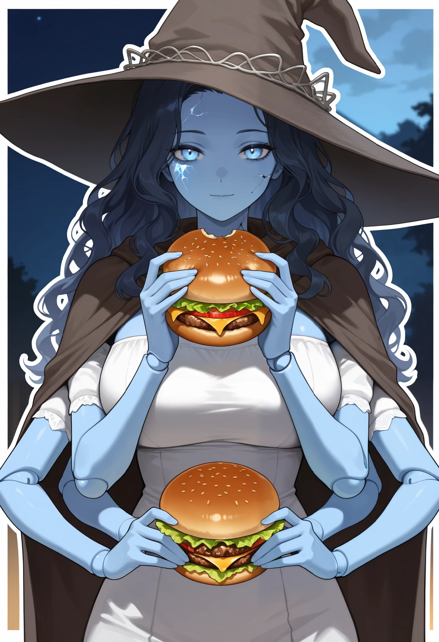 (masterpiece, best quality, high quality, highres, ultra-detailed, white outline skin), 1girl, IncrsXLRanni, wavy hair, blue skin, cracked skin, extra arms, holding burger, joints, doll joints, white dress, hat, cloak, dark enviroment, night, upper body, looking at viewer, wavy hair, cracked skin, colored skin, blue skin, (extra faces), extra arms, doll joints, light smile, looking at viewer, mature female