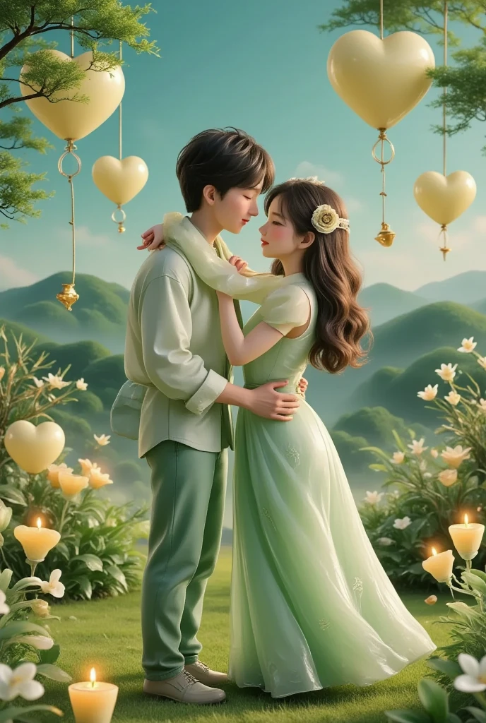 In a captivating digital art masterpiece, a couple shares a romantic dance in the center of an enchanting garden on Valentine's Day. The scene is illuminated by floating candles and lanterns, casting a warm, soft glow. The intricate details of the garden, from the delicate petals of the flowers to the lush green foliage, are rendered in stunning 8K resolution. The couple, lost in their embrace, exudes a sense of deep love and connection. The atmosphere is filled with a magical and dreamy quality, enhanced by the gentle light and the serene beauty of the surroundings.