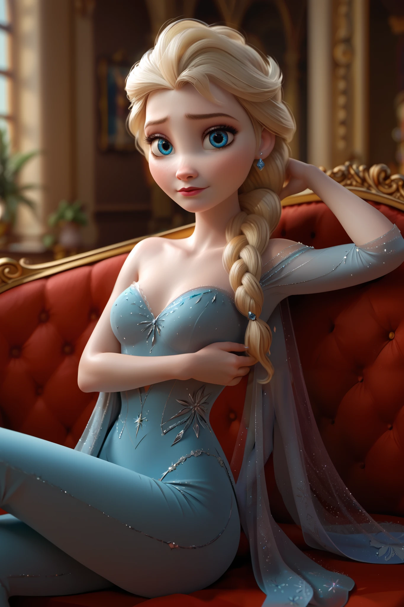 score_9, score_8_up, score_7_up,DisneyElsa, disney style, disney, disney art style, 1girl, blonde hair, blue eyes, braid, looking at viewer, reclining on a vintage chaise lounge, one arm draped over the back, elegant ballroom with crystal chandeliers, soft ambient lighting, luxurious and sophisticated setting