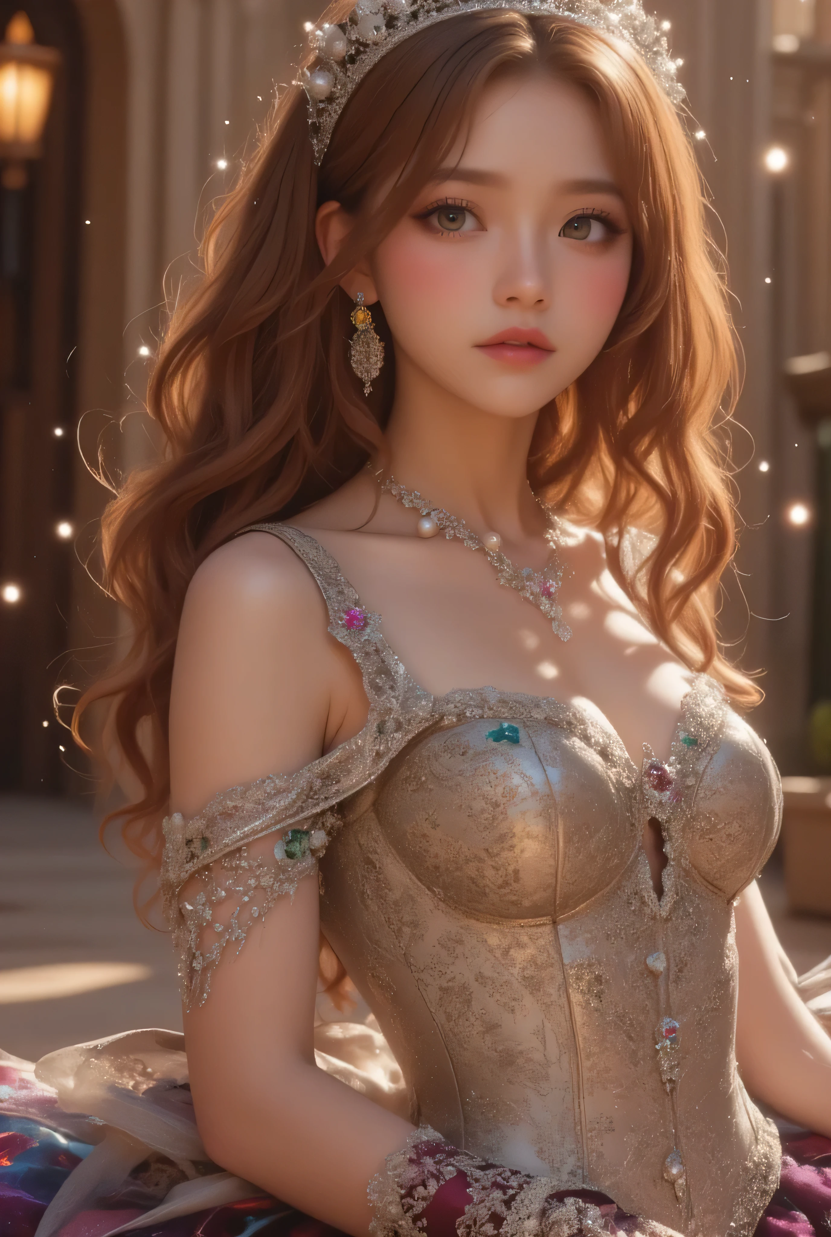 lors, deep contrast, super real, pink lipstick, warm atmosphere, cinematic composition, close-up of face. She is wearing a breathtakingly opulent princess dress with flowing, multi-layered fabrics in a mesmerizing blend of royal blue, deep crimson, emerald green, and shimmering violet, creating a dazzling gradient effect. The dress is adorned with intricate golden and silver embroidery, forming delicate floral and celestial patterns, intertwined with radiant, sparkling gems in shades of sapphire, ruby, emerald, and amethyst. The off-shoulder design is enhanced with sheer, shimmering fabrics that drape elegantly, catching the light like woven stardust. Her bodice is encrusted with fine jewel embellishments, and a beautifully detailed silver and gold belt cinches her waist, adding to the regal elegance. She also wears a dazzling gemstone necklace, a delicate tiara of intertwined silver and gold adorned with pearls and precious stones, and an exquisite matching bracelet.
She stands gracefully in front of a magnificent castle with towering spires, intricate stonework, and glowing stained-glass windows that cast a kaleidoscope of colors onto the grand courtyard. The castle is bathed in the golden light of a setting sun, with the sky painted in warm hues of orange, pink, and purple. Ethereal sparkles fill the air, adding a magical glow to the scene. Her expression is serene, confident, and regal, exuding the grace and charm of a true fairy-tale princess in a fantastical, enchanted world.