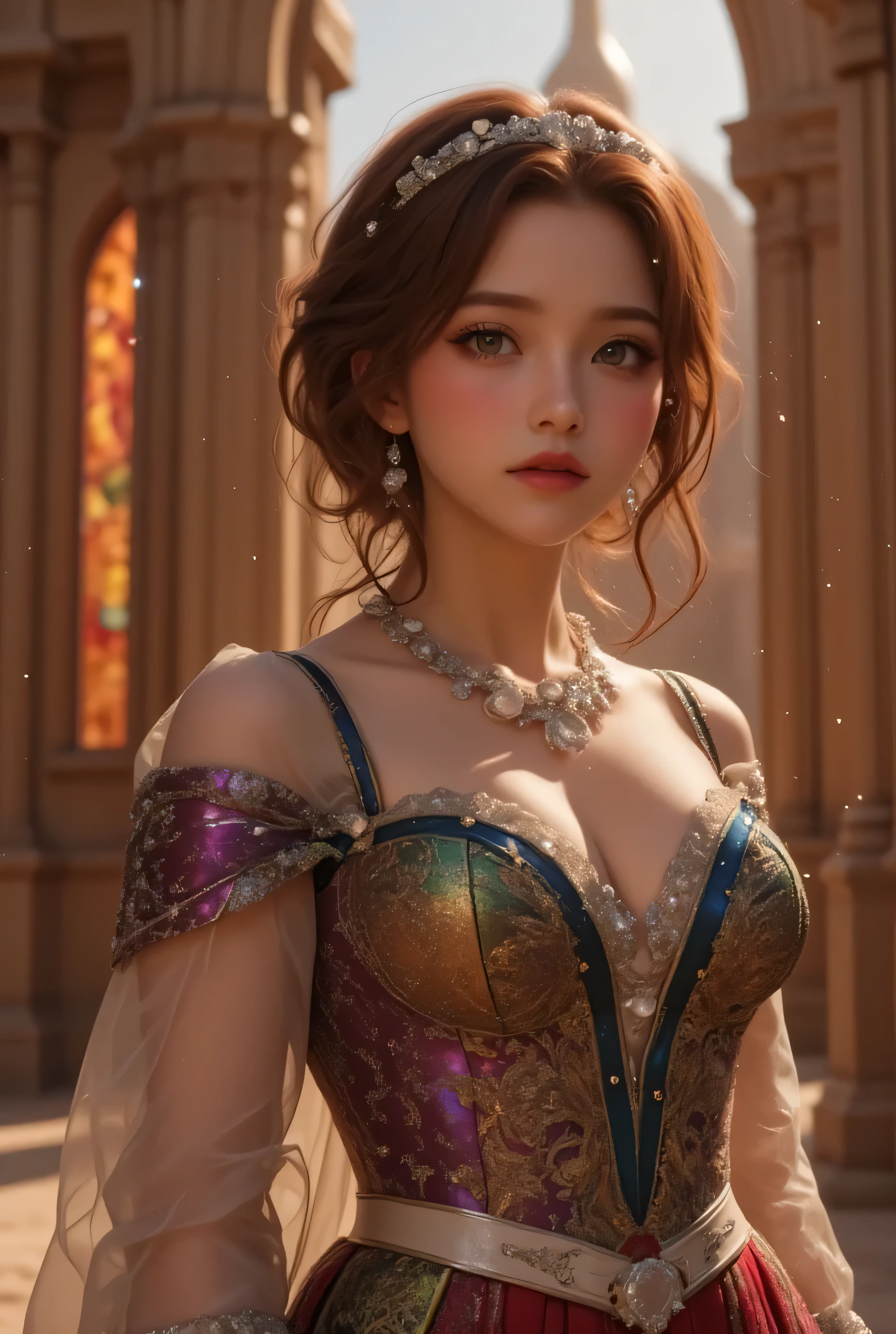 lors, deep contrast, super real, pink lipstick, warm atmosphere, cinematic composition, close-up of face. She is wearing a breathtakingly opulent princess dress with flowing, multi-layered fabrics in a mesmerizing blend of royal blue, deep crimson, emerald green, and shimmering violet, creating a dazzling gradient effect. The dress is adorned with intricate golden and silver embroidery, forming delicate floral and celestial patterns, intertwined with radiant, sparkling gems in shades of sapphire, ruby, emerald, and amethyst. The off-shoulder design is enhanced with sheer, shimmering fabrics that drape elegantly, catching the light like woven stardust. Her bodice is encrusted with fine jewel embellishments, and a beautifully detailed silver and gold belt cinches her waist, adding to the regal elegance. She also wears a dazzling gemstone necklace, a delicate tiara of intertwined silver and gold adorned with pearls and precious stones, and an exquisite matching bracelet.
She stands gracefully in front of a magnificent castle with towering spires, intricate stonework, and glowing stained-glass windows that cast a kaleidoscope of colors onto the grand courtyard. The castle is bathed in the golden light of a setting sun, with the sky painted in warm hues of orange, pink, and purple. Ethereal sparkles fill the air, adding a magical glow to the scene. Her expression is serene, confident, and regal, exuding the grace and charm of a true fairy-tale princess in a fantastical, enchanted world.