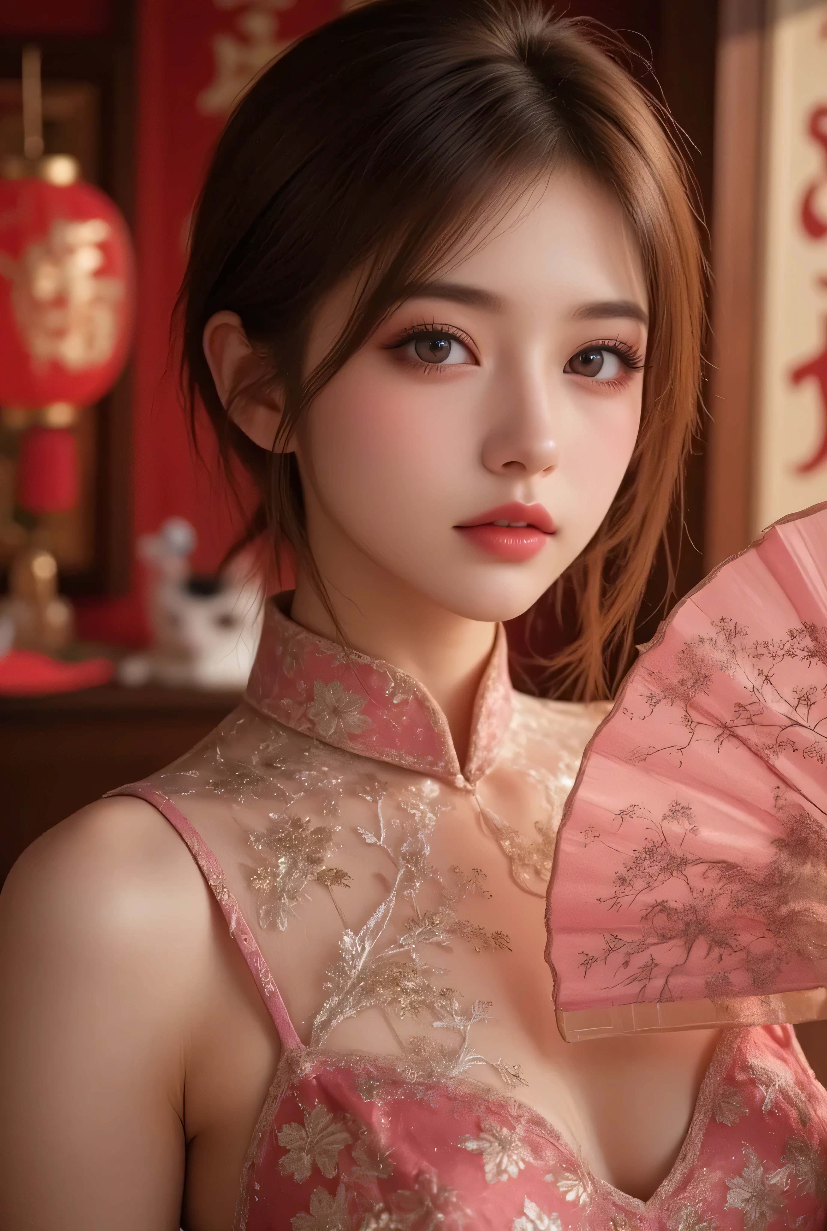 Cat ears、 face up, attractive, pretty girl, ponytail、 (( fine facial features , eroticism)), dramatic lighting , realistic , 8k, Dramatic Shadows , intricate and elaborate patterns , super detailed photo , chiaroscuro lighting , Pleasant colors , deep contrast , super real 、 pink lipstick、 warm room、Vintage Fireplace 、 cinematic composition、Close-up of face, pretty half part transparent open shoulder loose outfits dress, tang style, A beautiful Korean idol wearing a one piece red- black tightly cheongsam with phoenix and intricate floral golden embroidery, golden and silver outline on dress, hand hold pink feathers transparent Chinese fan with golden ink painting of bird and tree , standing gracefully in a room filled with traditional Chinese New Year decorations. The room features vibrant red lanterns, decorative calligraphy scrolls, a small Chinese orange tree with golden ornaments, and several red envelopes scattered across the floor and hanging from the tree. Adorable, playful cats are part of the scene—some sitting near the tree, others curiously pawing at the red envelopes or lounging around. Through a window or an open door in the background, vibrant Chinese fireworks light up the night sky in an array of reds, golds, and blues, casting a magical glow into the room. The idol’s outfit is paired with subtle accessories like red hairpins or earrings, complementing the festive look. The atmosphere is warm and lively, filled with the joyful essence of the celebration, enhanced by the shimmering lights of the fireworks and the lively decor.
