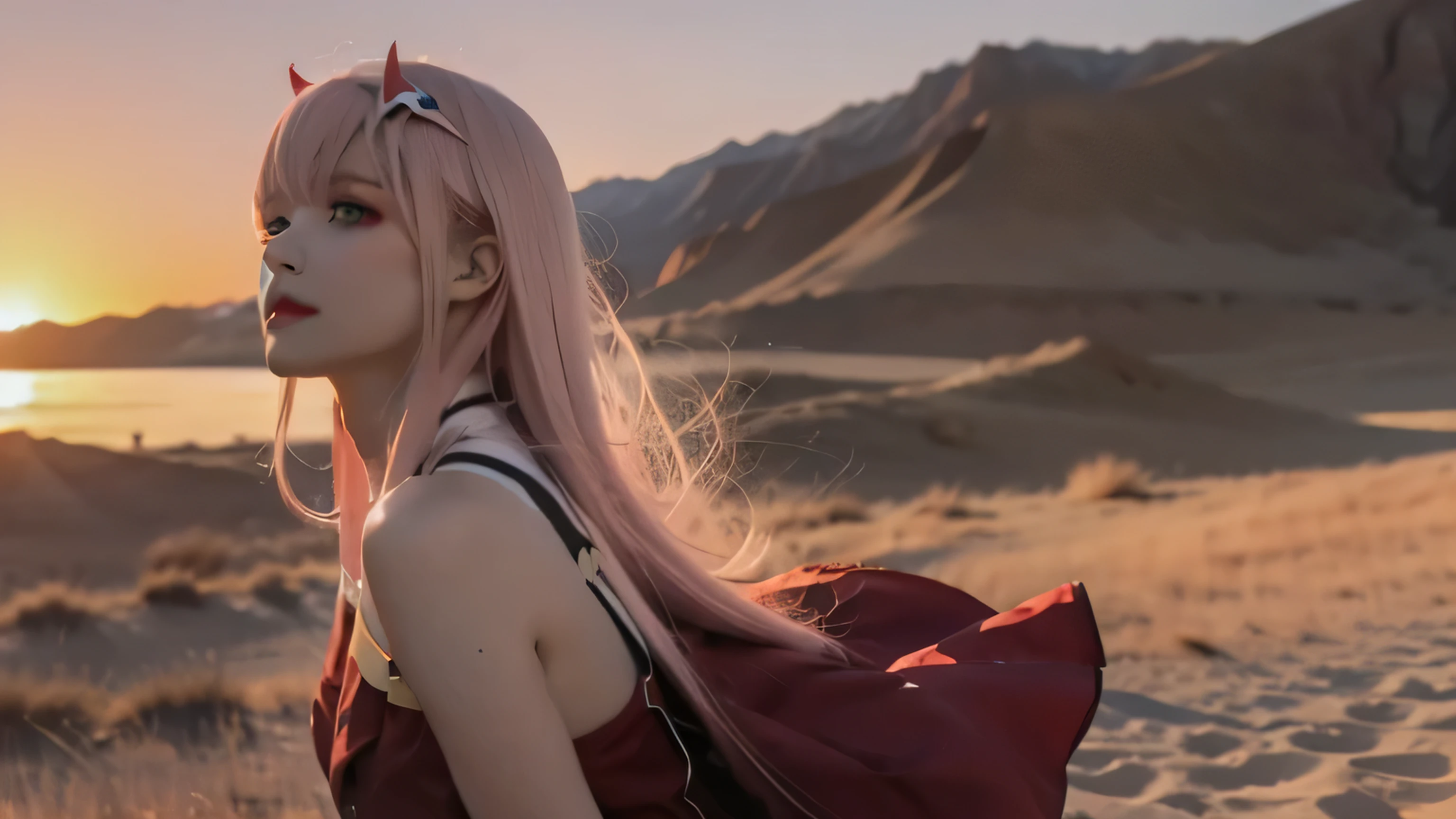 "Generate a 4K ultra-realistic anime-style wallpaper of zero two darling in the franx green eyes pink hair spikes on her head , standing alone in a vast desert landscape during a vibrant red sunset. She should be sexy , and looking in sky and her eyes colour is pink and only harf outfit picture looking beautiful with a gentle breeze blowing through her hair. Incorporate realistic textures, lighting effects, and atmospheric conditions to give the image a lifelike and immersive look, zero two wearing her anime dress big boobs as if zero two has stepped out of the anime and into the real world."