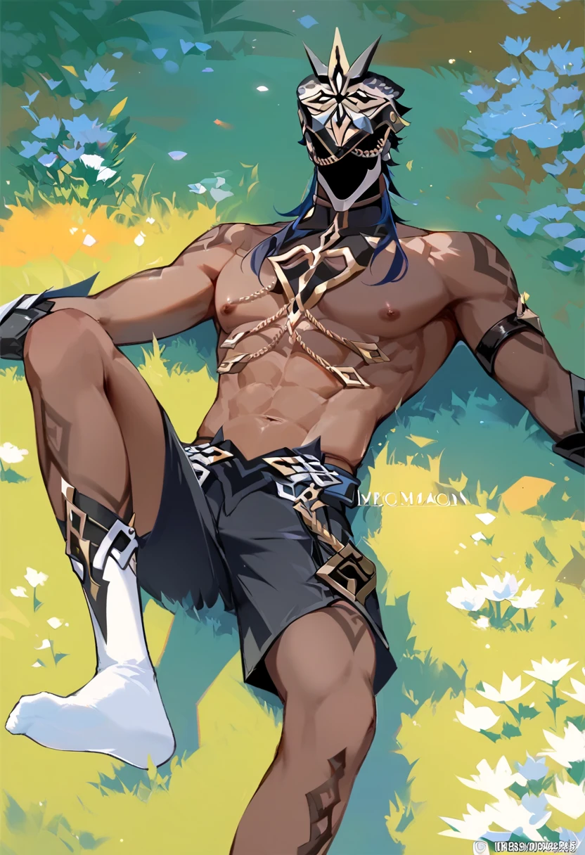 Male arab warrior, medivial, black balaclava, black bandage, black clothes, thin waist, skinny body, femboy, light skin, makeup, black eyeliner, big eyelashes, black eyeshadow, metal choker, light tanned skin, pose