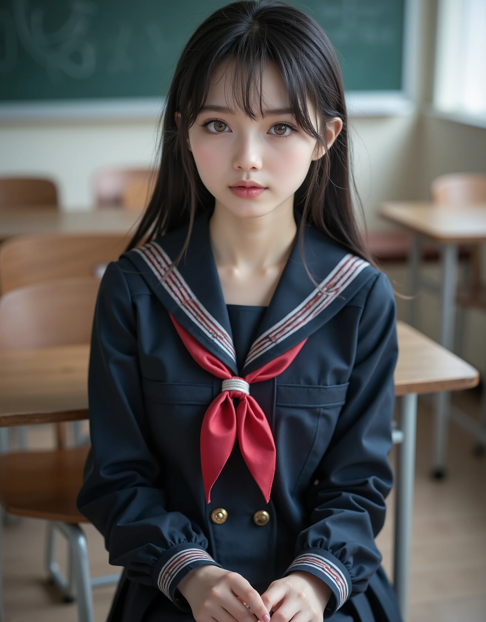 (Canon), (EOS R5), (50mm), ((( photorealistic:1.5))), (No lens flare :1.5), ((超 Hi-Res)), ( Masterpiece), accurate,( by Nomiな質感の肌), super detailed, high detail, high quality , Award-winning work , 最 high quality, 32K, depth of field, digital camera, Award-winning Glamour Photos , professional lighting, (SFW), ((最 high quality:1.5)), (( Masterpiece:1.5)), (( by Nomi)), Hi-Res, by Nomiな影, Roughness, Real Life,( very beautiful and cute one Japanese woman ), ((Very young and petite:1.8)), ((Quite ish:1.8)), ( cute Japanese top idol ), ((Upper body shot seen obliquely from the front :1.5)), (( upper body shot from head to knee :1.5)), ((A cute Japanese girl)), (( middle school clas chair, blackboard, and window visible )), ((( A navy blue short sleeve sailor suit with 3 red lines :1.8))), (((襟と胸当てが紺色で3本の赤色ラインがある半袖の紺色夏服セーラー服と dark blue flare skirt を着て椅子に座っている:1.8))), (( short sleeve navy blue sailor suit with dark blue collar and breastplate :1.8)), ((The breastplate of a sailor suit is dark blue and has 3 red lines :1.5)), ((3 red lines :1.8)), (( dark blue flare skirt :1.5)), (((セーラー服用のRed scarf:1.8))), (((Red scarf:1.8))), ((Navy blue scarf closure :1.5)), (( no front buttons on a sailor suit :1.8)), ((( no accessories:1.9))), ((( No Earrings :1.8))), (((Without necklace:1.8))), (( a very cute high school girl who feels young )), Attractive cuteness , seductive pose holding hands, Height: 150cm, slim figure, Quite small bust, A cup, ((少し歯が見える very cute smile:1.5)), ( alone:1.5), (There is only one person in the classroom), ( brown eyes:1.9), ( Detailed depiction of extremely realistic skin ), (Highly detailed, realistic eyes:1.9), ( extremely beautiful long realistic eyelashes ), (Highly detailed, realistic eyebrows), (丸い brown eyes :1.8), ( beautiful catchlight on the eyes), (Realistic lips with moisture ), ( white realistic teeth neatly lined up ), ( Beautiful and Detailed Face :1.6), ( thin waist:1.5), ( very small bust :1.8), ( clearly contoured cheekbones :1.5), ( perfect style body :1.8), (Healthy body :1.8), (Narrow shoulders:1.9), ( staring at viewers), ( Seductive Gaze ), (Beautiful, natural-looking hands), (Short, straight, natural nails), ( show your hands as little as possible ), ( very cute smile:1.1), ( her stomach and navel may be slightly visible:1.4), (straight black hair short hair :1.3), ( beautiful black hair), ( has bangs), Natural atmosphere, Very cute type, Beautiful Thighs, (( evening classroom )), (( with a pencil case and notebook on her desk :1.4)), (( show your hands as little as possible )), ((I can't show my feet)), blur the background, Illuminate the face, cute pose , beautiful body line , Beautiful, realistic skin , Art Photography, BEAUTIFUL SOFT LIGHTING, accurate手の形, accurate指の形, accurate指の数,5 fingers on one hand ,((No watermark, No signature))