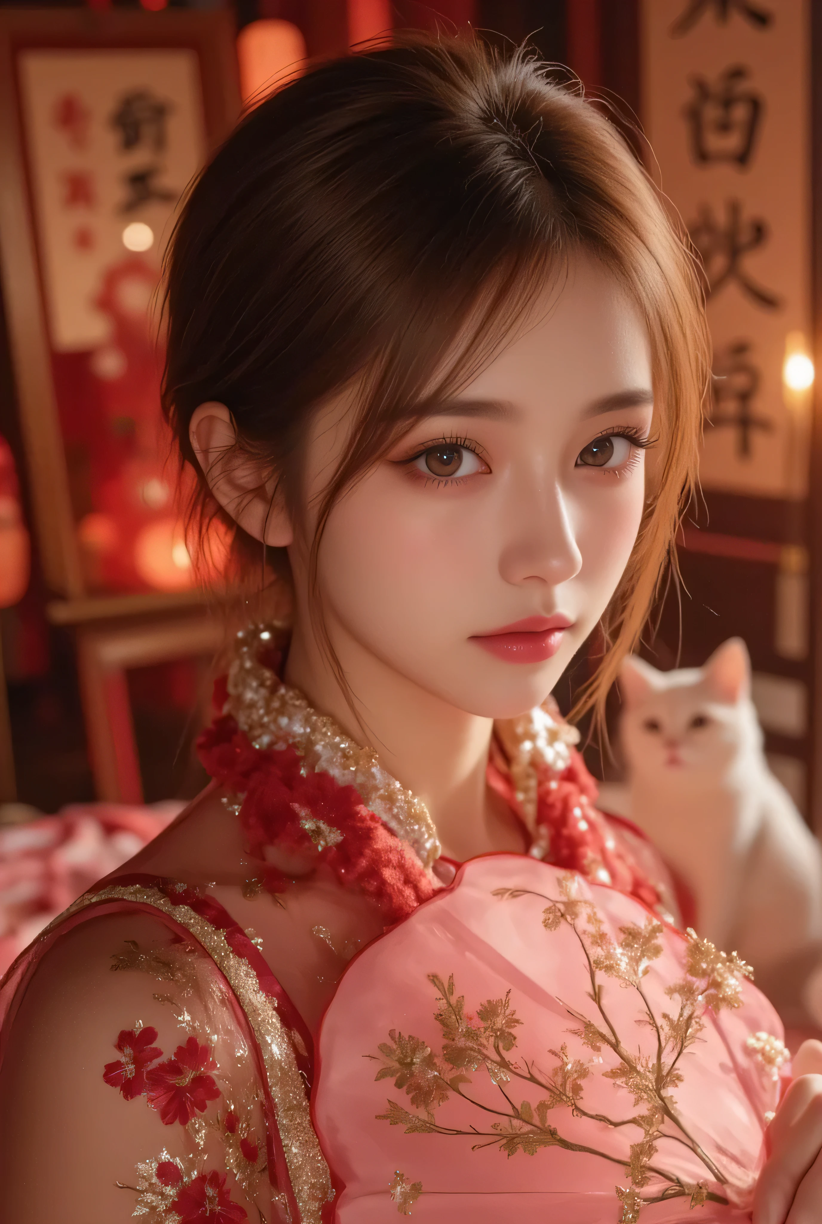 Cat ears、 face up, attractive, pretty girl, ponytail、 (( fine facial features , eroticism)), dramatic lighting , realistic , 8k, Dramatic Shadows , intricate and elaborate patterns , super detailed photo , chiaroscuro lighting , Pleasant colors , deep contrast , super real 、 pink lipstick、 warm room、Vintage Fireplace 、 cinematic composition、Close-up of face, pretty half part transparent open shoulder loose outfits dress, tang style, A beautiful Korean idol wearing a one piece red- black tightly cheongsam with phoenix and intricate floral golden embroidery, golden and silver outline on dress, hand hold pink feathers transparent Chinese fan with golden ink painting of bird and tree , standing gracefully in a room filled with traditional Chinese New Year decorations. The room features vibrant red lanterns, decorative calligraphy scrolls, a small Chinese orange tree with golden ornaments, and several red envelopes scattered across the floor and hanging from the tree. Adorable, playful cats are part of the scene—some sitting near the tree, others curiously pawing at the red envelopes or lounging around. Through a window or an open door in the background, vibrant Chinese fireworks light up the night sky in an array of reds, golds, and blues, casting a magical glow into the room. The idol’s outfit is paired with subtle accessories like red hairpins or earrings, complementing the festive look. The atmosphere is warm and lively, filled with the joyful essence of the celebration, enhanced by the shimmering lights of the fireworks and the lively decor.