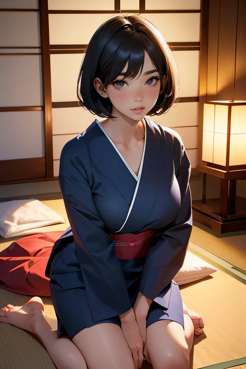 ( top quality, 8k, 32K, Masterpiece, ultra high resolution:1.2), images of beautiful Japanese women, black hair, very short bob hair , beautiful face,(Lean forward :1.3), squats, photoreal, ( 1 ultimate beauty), very detailed face, (Perfect Teeth), detailed eyes , Double eyelids, eyelashes, grins, lips, blonde bob, big breast, light makeup for female genitals, Japanese-style room in a ryokan、Innkeeper's Job、Welcome Customer、寝ているcat,cat