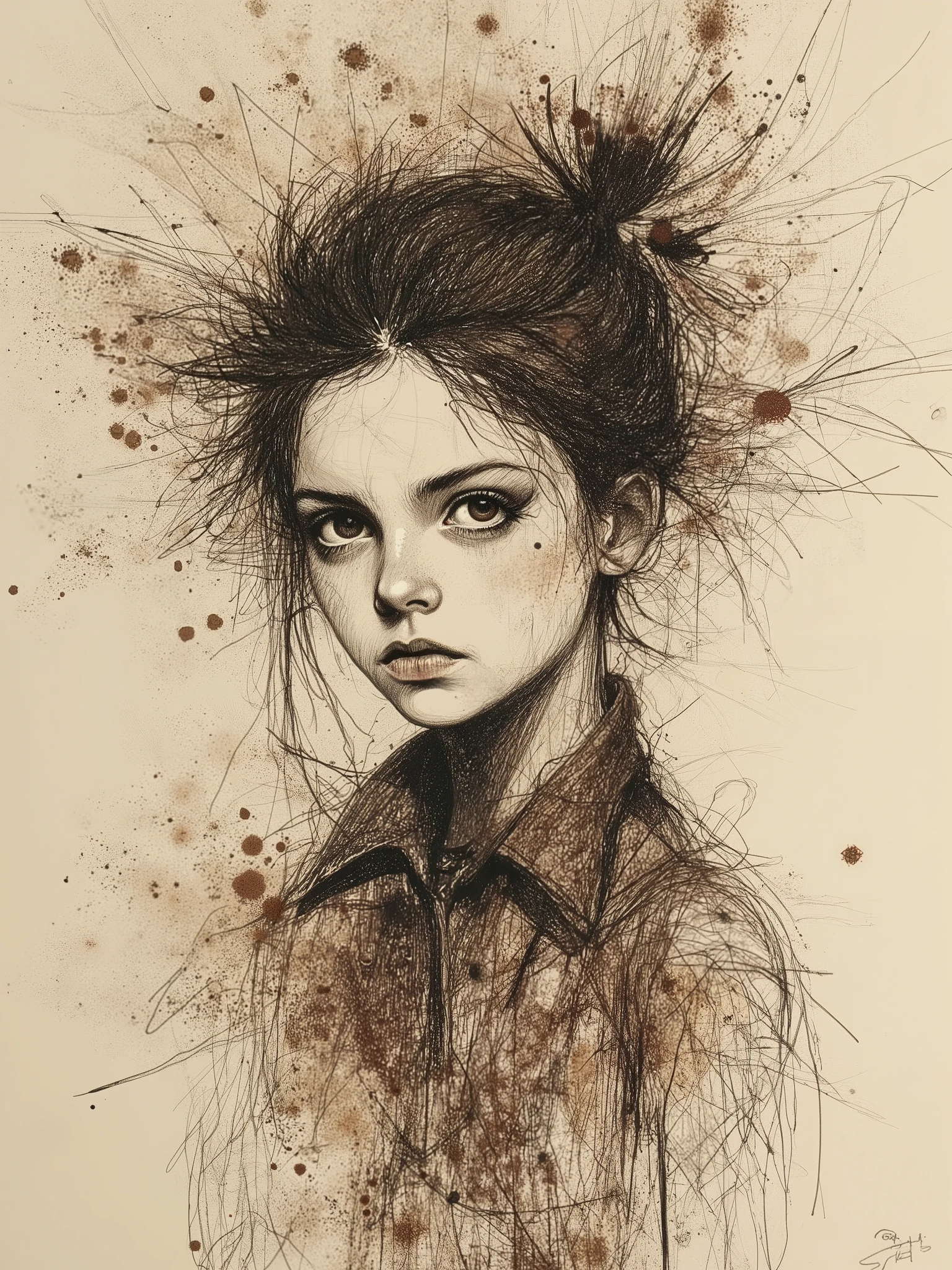 Super detailed, abstract charcoal sketch, sepia rough touch, neo-expressionism, 1 girl, medium hair, her hair stands on end, bokeh, faded, abundance of negative space, masterpiece.