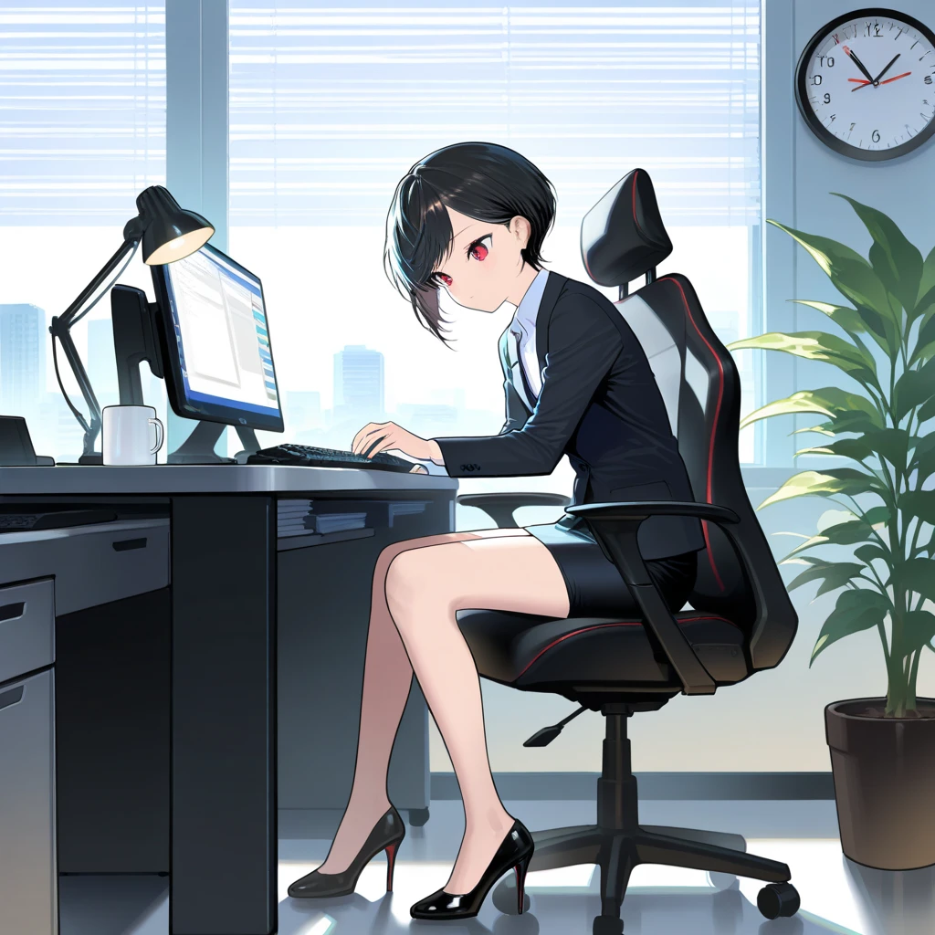 (perfect anatomy:1.2)(absurdres, highres, ultra detailed),masterpiece,best quality,high resolution,8k,Realistic face,Realistic skin texture,magnified textures, stunning clarity,detailed anime girl,(ultra detailed eyes and face),(1 girl:1.2)21years old,she is office worker,,smile:1.2,black hair, bob cut,natural make,grey jacket and pants,black brouse,,sparkling eyes.small nose,roundface,office,sitting at her desk,Looking at the VIEWER,she loves viewer
