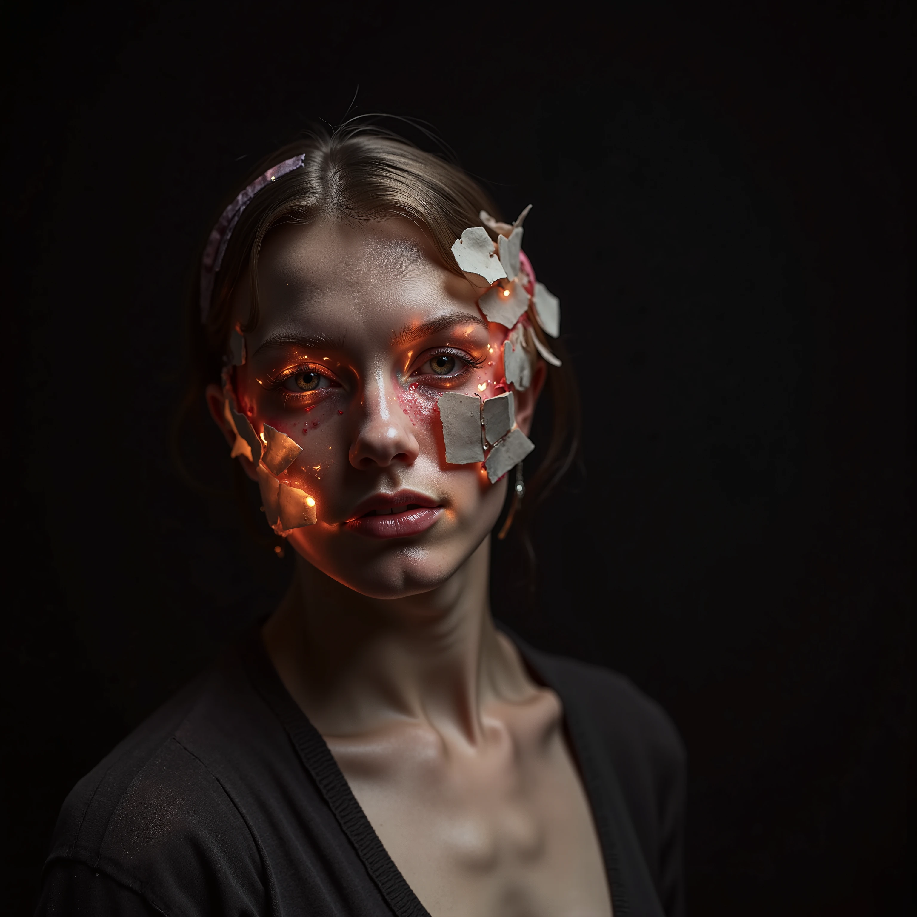 (masterpiece, 8k, best quality:1.5), Album cover shoot, photorealistic, hyper detailed, cinematic, arri alexa 65, film look, cinema lens, intense and dramatic, Artist: Lina Rook, Ambient Pop Rock, This is a single called: All the Pretty Pieces, The cover should NOT include the artist and should show a person losing their pretty pieces to drug abuse, the song is about watching all the pretty pieces of a person you love fall away as they fall victim to drug abuse, Dramatic, hyper-realistic cinematic image, lifelike and profound, dark and sad for a pop artist but not so dark as to be a metal artist, Oscar worthy Colors and image and drama, realistic image of a person losing physical chunks of themselves to show the metaphore of All the Pretty Piece falling away from the person you love.