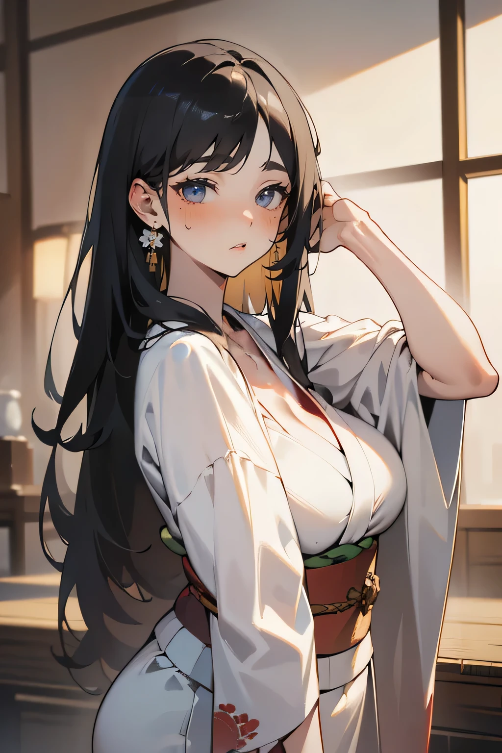 A beautiful woman with long black hair combing her hair, alluring side long glance, wearing a kimono, elegant, sensual, random pose, (best quality,4k,8k,highres,masterpiece:1.2),ultra-detailed,(realistic,photorealistic,photo-realistic:1.37),intricate details,exquisite textures,stunning lighting,vibrant colors,cinematic composition,dramatic lighting,elegant kimono,flowing hair,captivating expression,delicate facial features,porcelain skin,feminine charm