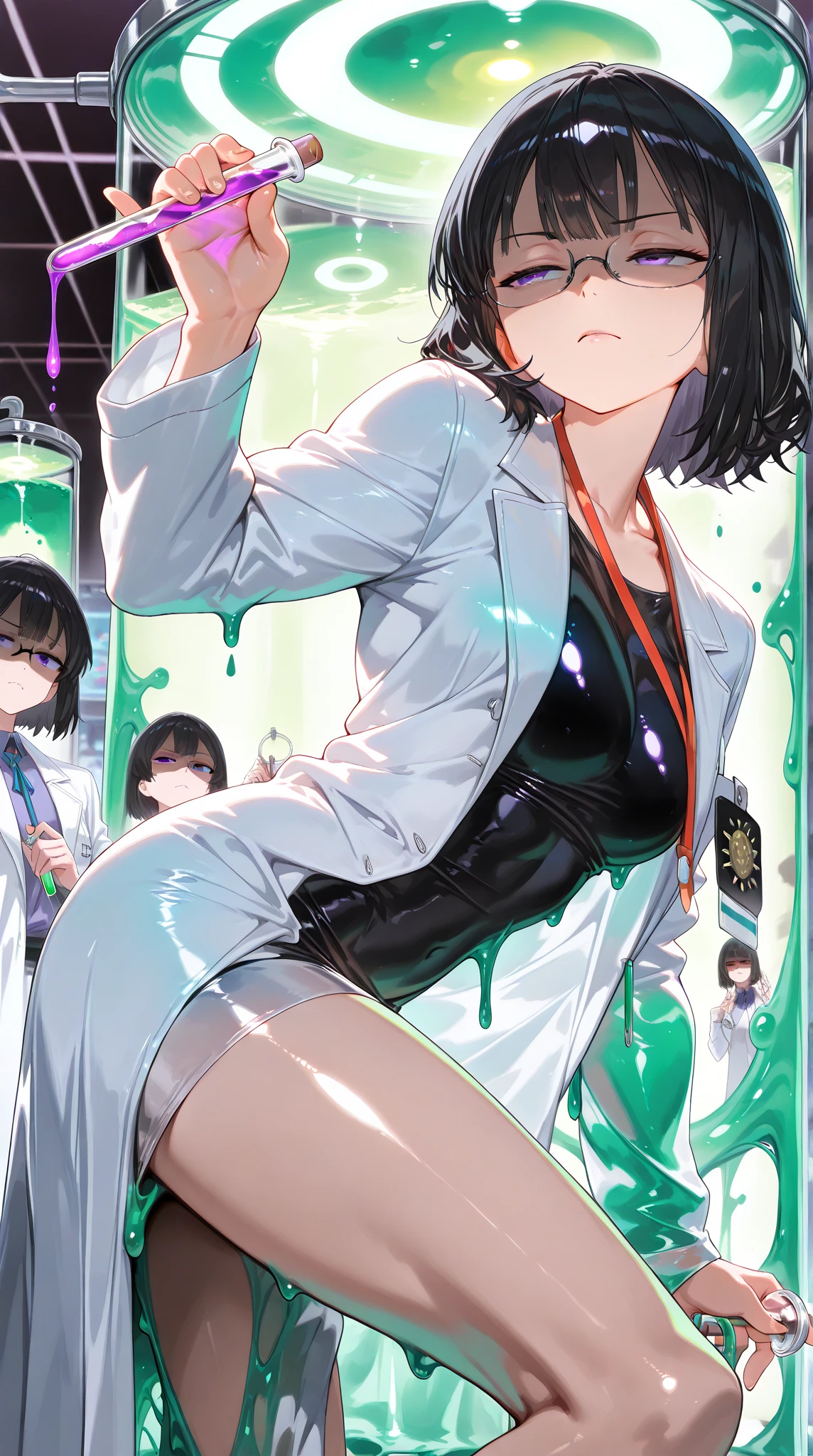 16k works,Highest quality,18-year-old,No background.White background only,whole body、Kneel,Dynamic and sexy pose, One person, Beautiful Face,, Symmetrical eyes, Perfect body, Good balance、 Perfect body、Intelligent woman、Black Hair、White skin、Pink Lips、Wearing a researcher's lab coat、Round rimmed glasses、White rubber gloves、Test tube、beaker、microscope、flask、Glancing sideways at the viewer、smile、Open your lips