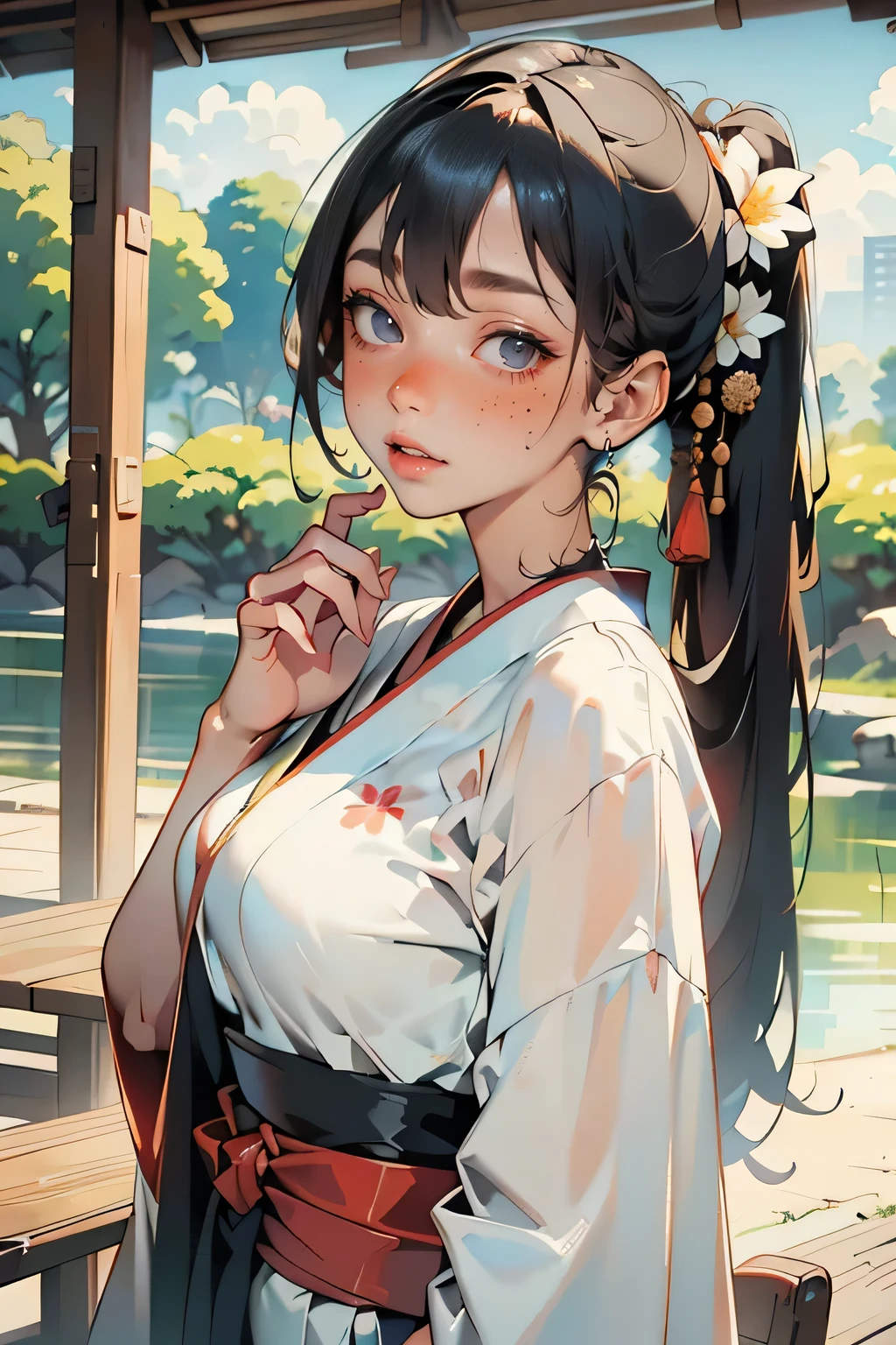 （ kimono）, random poses,、( top quality, Masterpiece:1.3, super A high resolution,),( very detailed, caustics),( photoreal:1.4,RAW shooting,) Ultra Realistic Capture,very well detailed ,  high resolution 16K human skin close-up  、  natural skin texture、 skin looks uniform and healthy 、 Use natural light and color, in the seat, Japanese, 28 years old , cute, black hair,  making middle hair ,,smile,,( depth of written border、 Color Difference、Wide-area lighting、Natural Shading, freckles,  mole