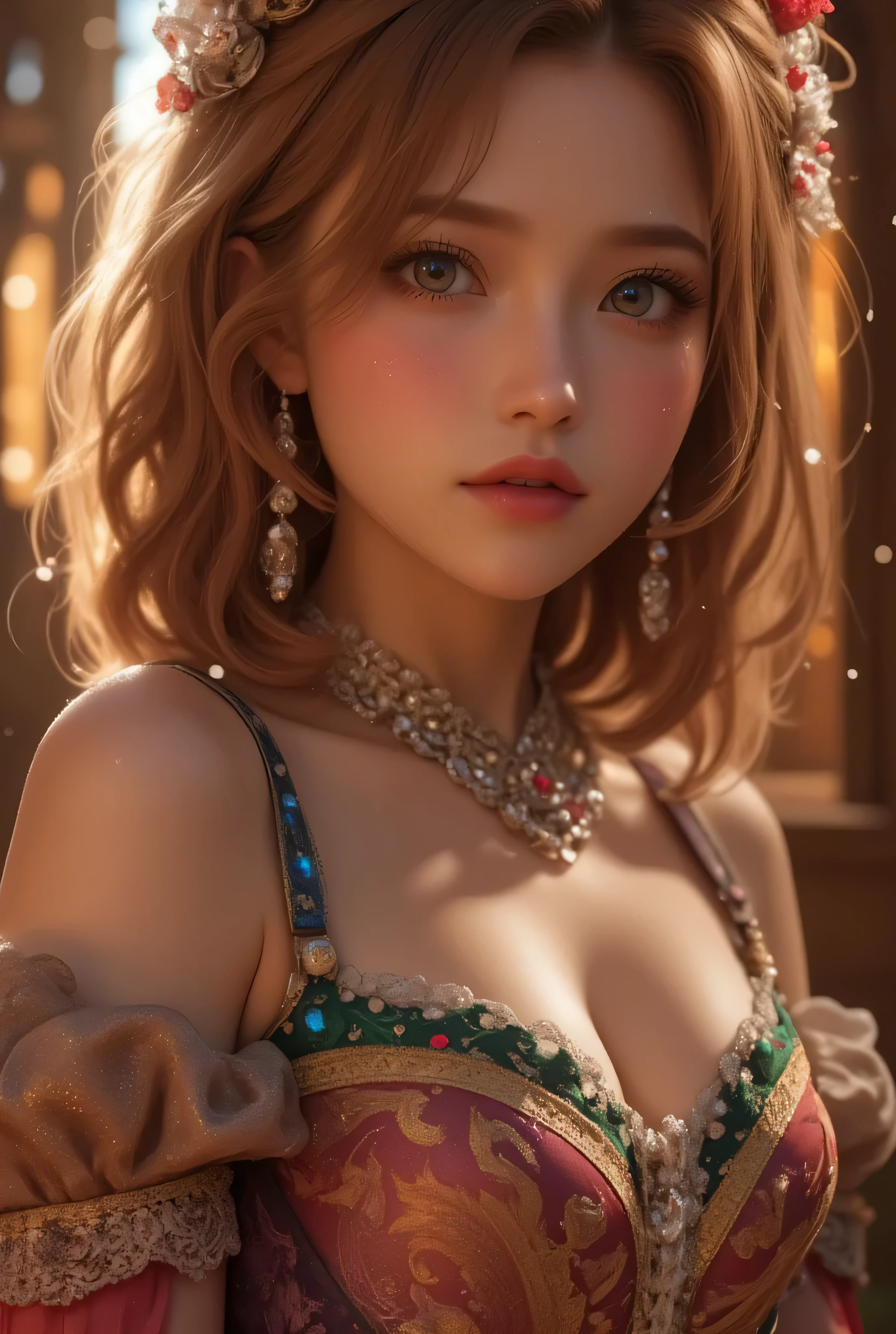 lors, deep contrast, super real, pink lipstick, warm atmosphere, cinematic composition, close-up of face. She is wearing a breathtakingly opulent princess dress with flowing, multi-layered fabrics in a mesmerizing blend of royal blue, deep crimson, emerald green, and shimmering violet, creating a dazzling gradient effect. The dress is adorned with intricate golden and silver embroidery, forming delicate floral and celestial patterns, intertwined with radiant, sparkling gems in shades of sapphire, ruby, emerald, and amethyst. The off-shoulder design is enhanced with sheer, shimmering fabrics that drape elegantly, catching the light like woven stardust. Her bodice is encrusted with fine jewel embellishments, and a beautifully detailed silver and gold belt cinches her waist, adding to the regal elegance. She also wears a dazzling gemstone necklace, a delicate tiara of intertwined silver and gold adorned with pearls and precious stones, and an exquisite matching bracelet.
She stands gracefully in front of a magnificent castle with towering spires, intricate stonework, and glowing stained-glass windows that cast a kaleidoscope of colors onto the grand courtyard. The castle is bathed in the golden light of a setting sun, with the sky painted in warm hues of orange, pink, and purple. Ethereal sparkles fill the air, adding a magical glow to the scene. Her expression is serene, confident, and regal, exuding the grace and charm of a true fairy-tale princess in a fantastical, enchanted world.