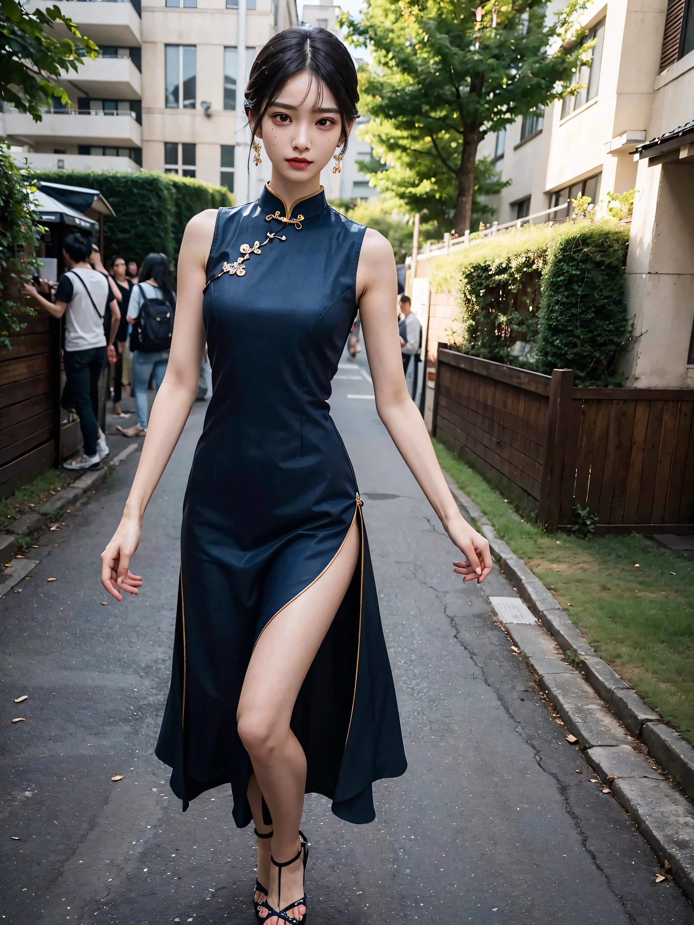 Araffe woman in a blue dress walking down a street - SeaArt AI