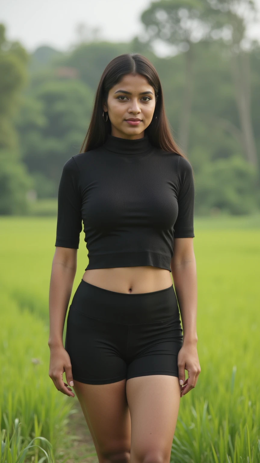 american woman, black hair, 8K, With a smile on his face, Realistic 3D full body poster shooting, Fashionably dressed woman, in kurzem whiteem (white) rock, blue (yellow) yellow t-shirt, posing in a forest, alone