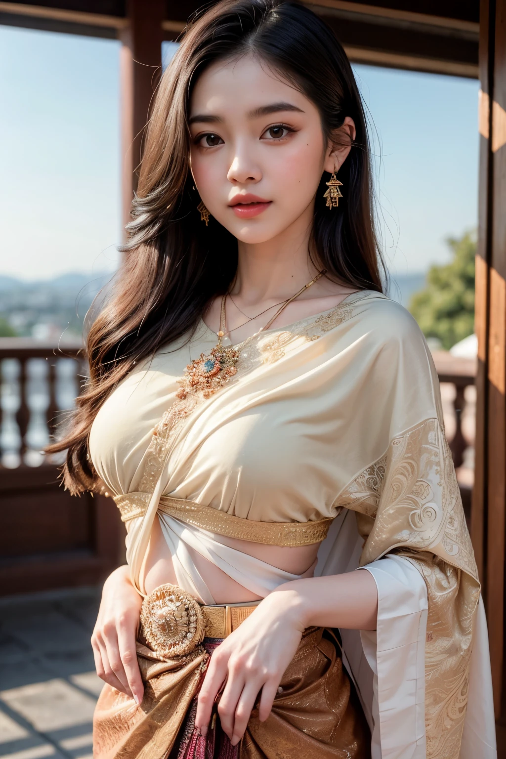 Masterpiece, high quality, 4K, beautiful design, shiny, from the front, award winning photo, extremely detailed, amazing, fine detail, absurdres, highly detailed woman, extremely detailed eyes and face,  solo, 1girl, babe, glossy, big , wifs, sparkling fabric, incrusted with jewels, visible midriff , woman wearing a wifs, posing inside a castle with an oriental architecture, golden embroidery,  