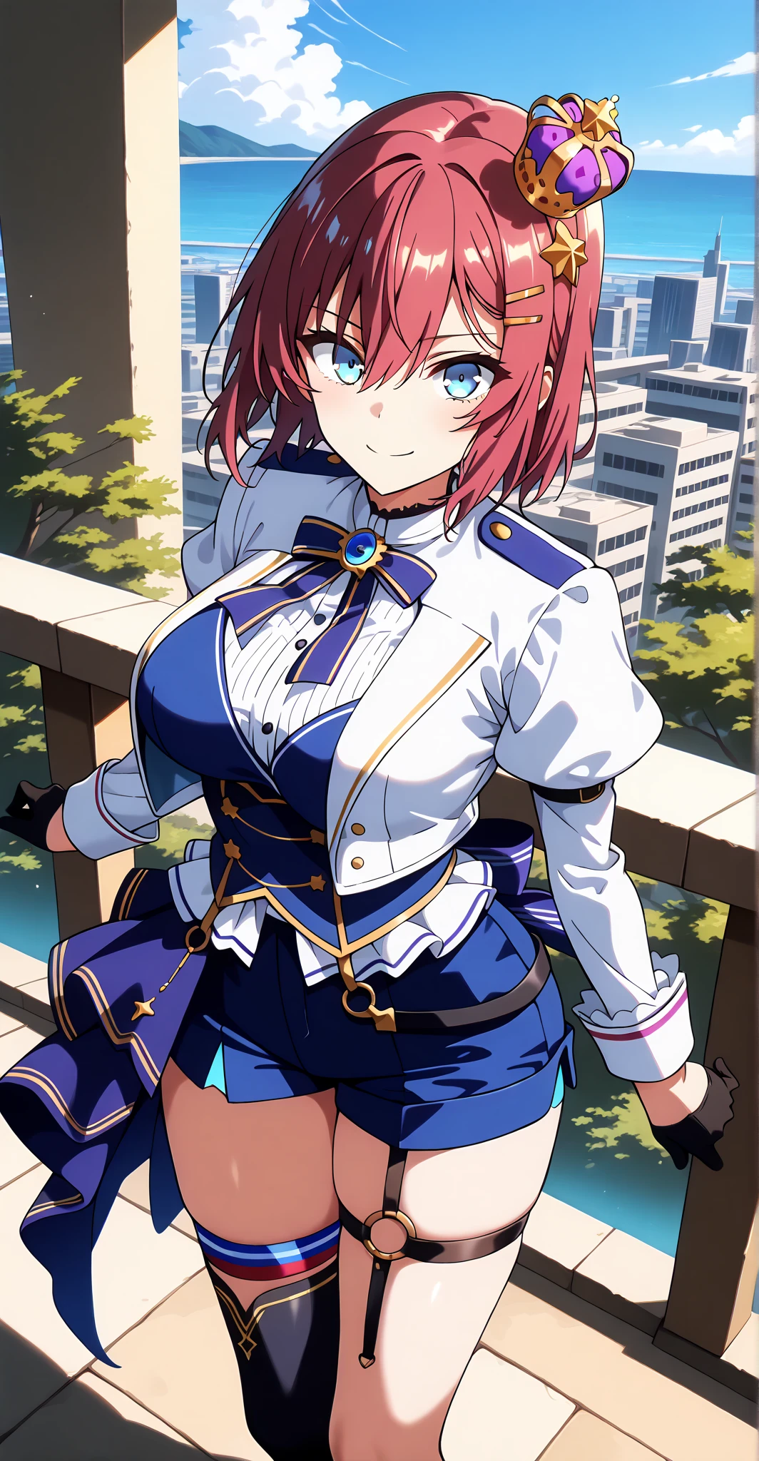 My name is Hikaru, I am a white test doll with long red hair and black eyes. I am 1.60 cm tall and weigh 56 kg. My breast sizes are 300 cm, my waist is 60 cm and my hips are 200 cm. Dressed in a long blue jacket and a garter belt along with a black thong. With big breasts 310 cm .