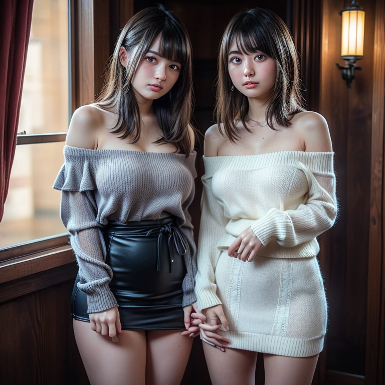 nsfw,Wearing a naughty sweater dress,Cleavage is visible,The navel is visible,There are side slits,micromini skirt,No panties