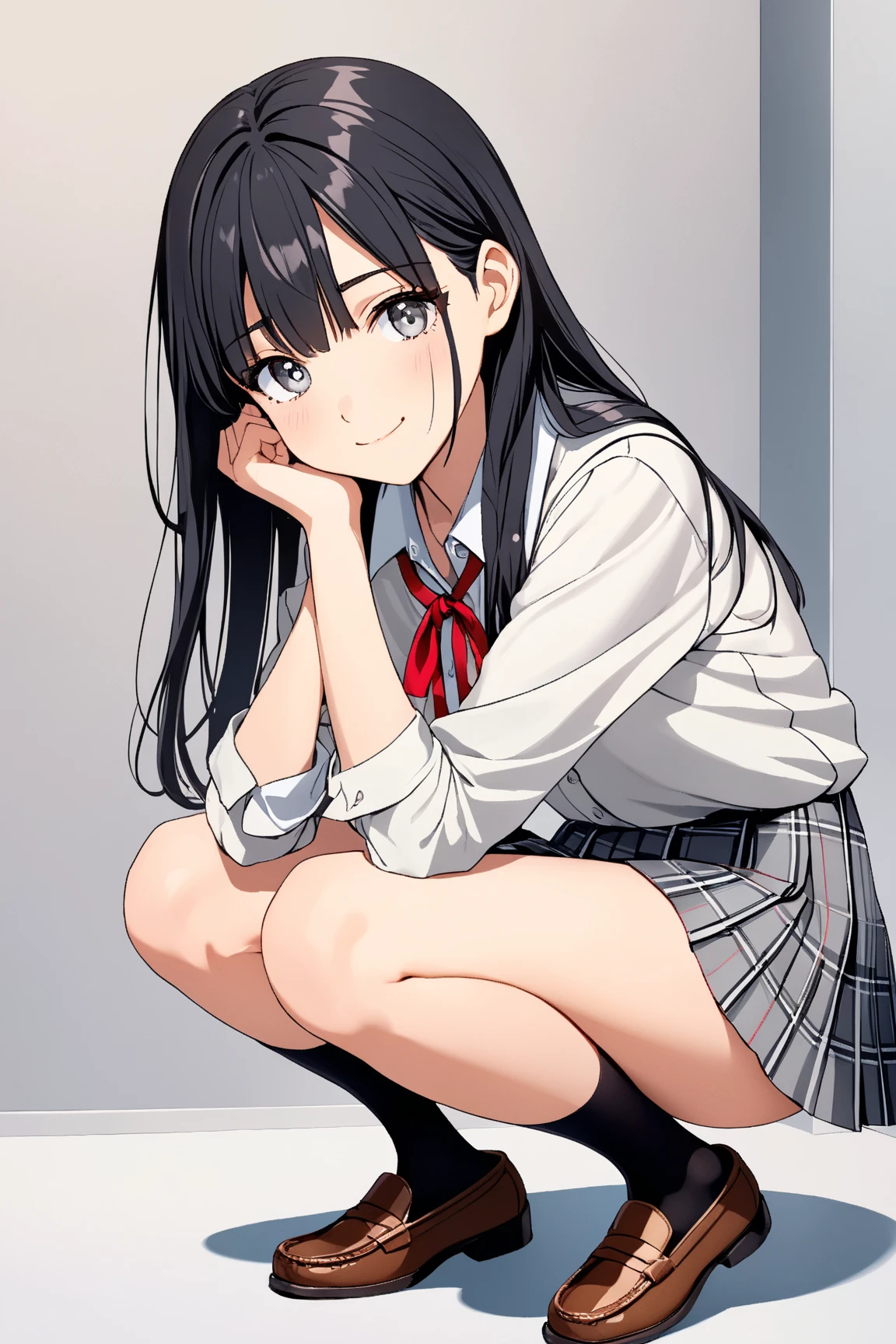 1girl in、A smile、The shirt、skirt by the、(small tits)Chilarism、Japan High School Student Uniform、serafuku、summer clothing、Squall Drenched Uniform、(Sheer Bra)、Upper body portrait、Squatting panchira、